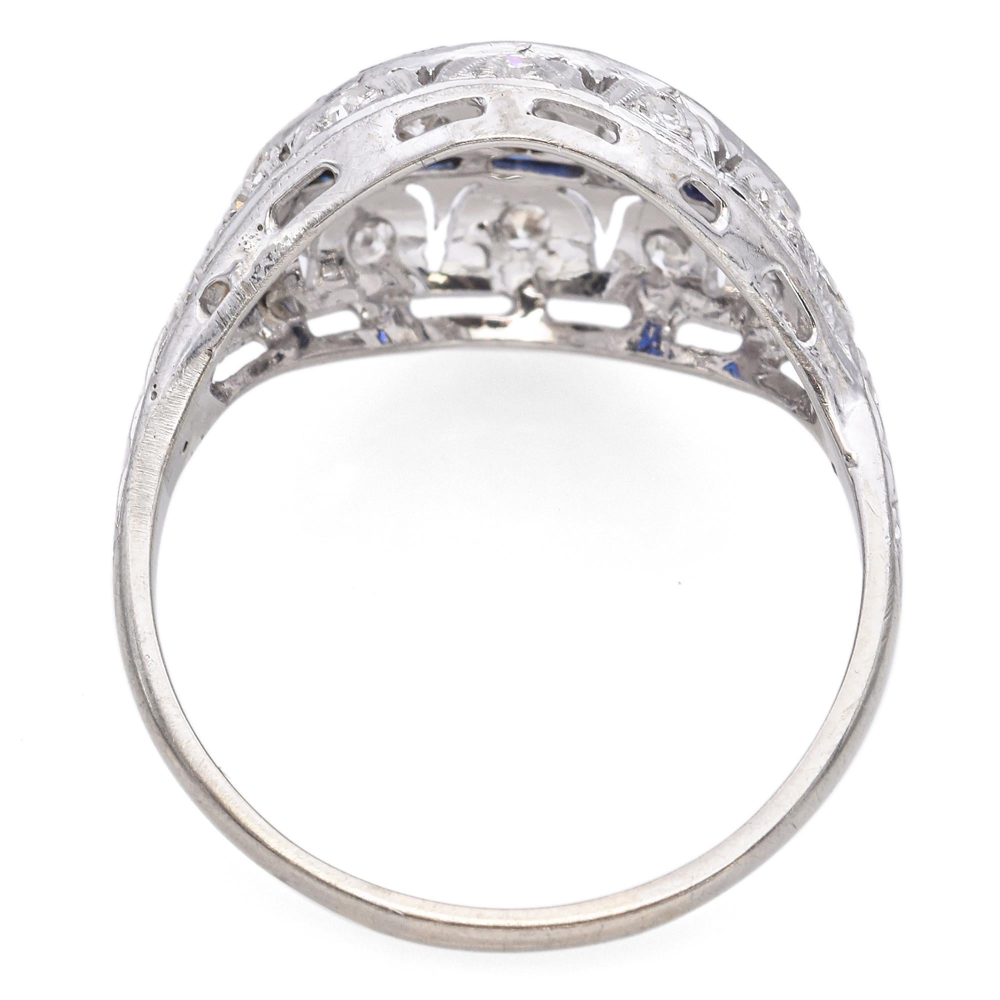 Vintage Art Deco 18K White Gold Old European Cut Diamond and Sapphire Ring For Sale 1