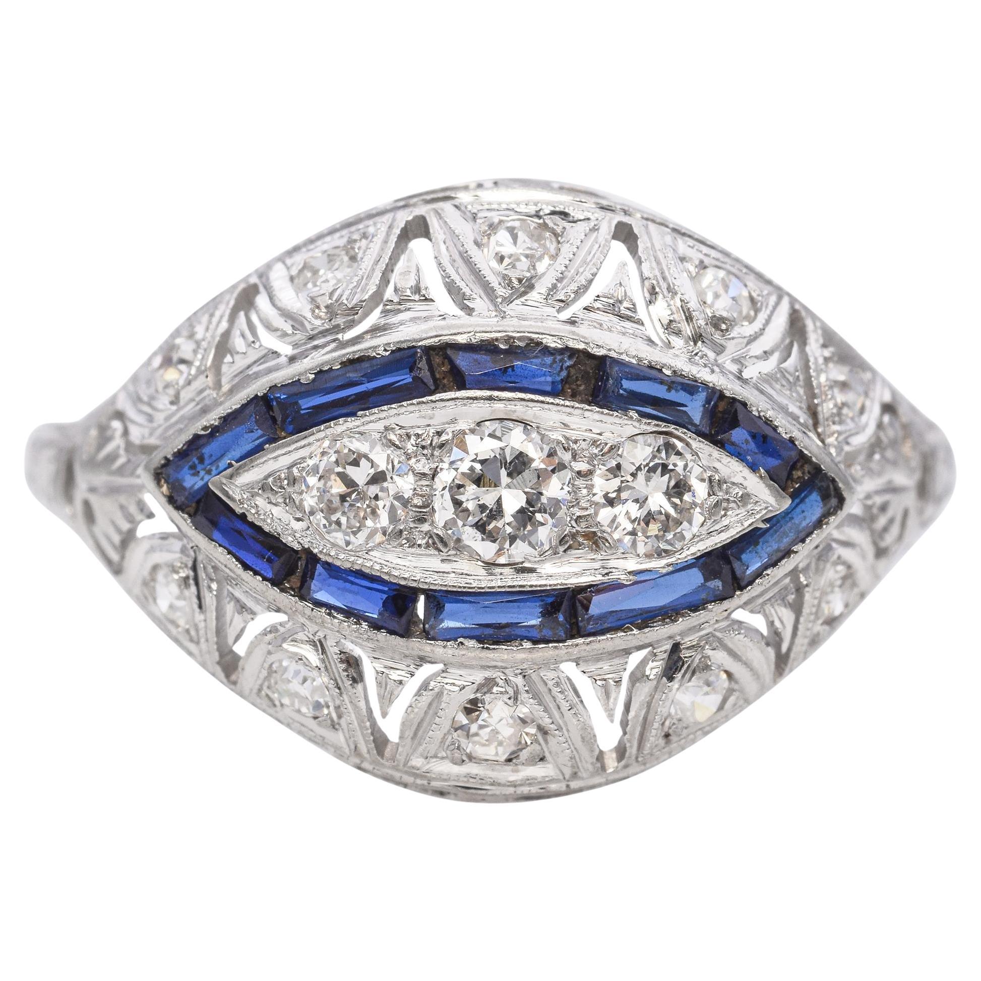 Anillo vintage Art Decó de oro blanco de 18 quilates con zafiro y diamantes talla vieja europea