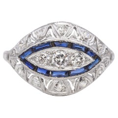 Vintage Art Deco 18K White Gold Old European Cut Diamond and Sapphire Ring