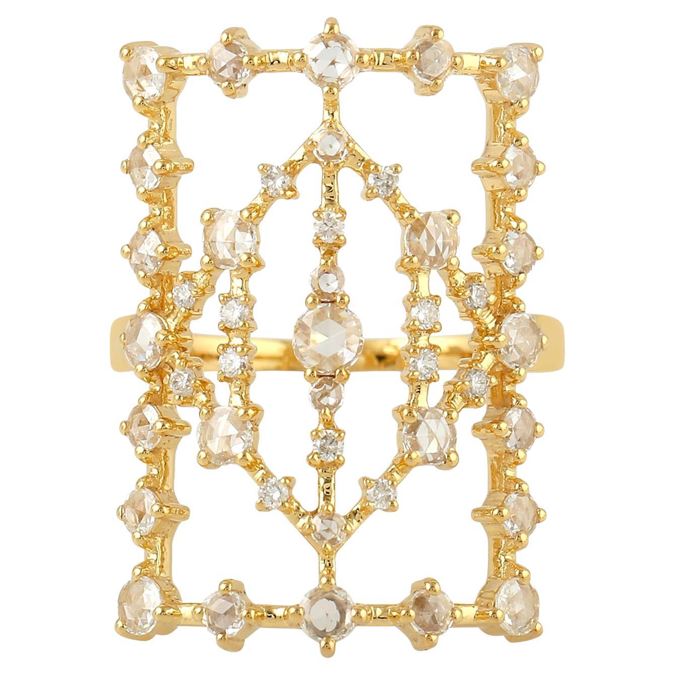 Vintage Art Deco 18KT Gold 
Rose-Cut Diamond Statement Shield Ring For Sale