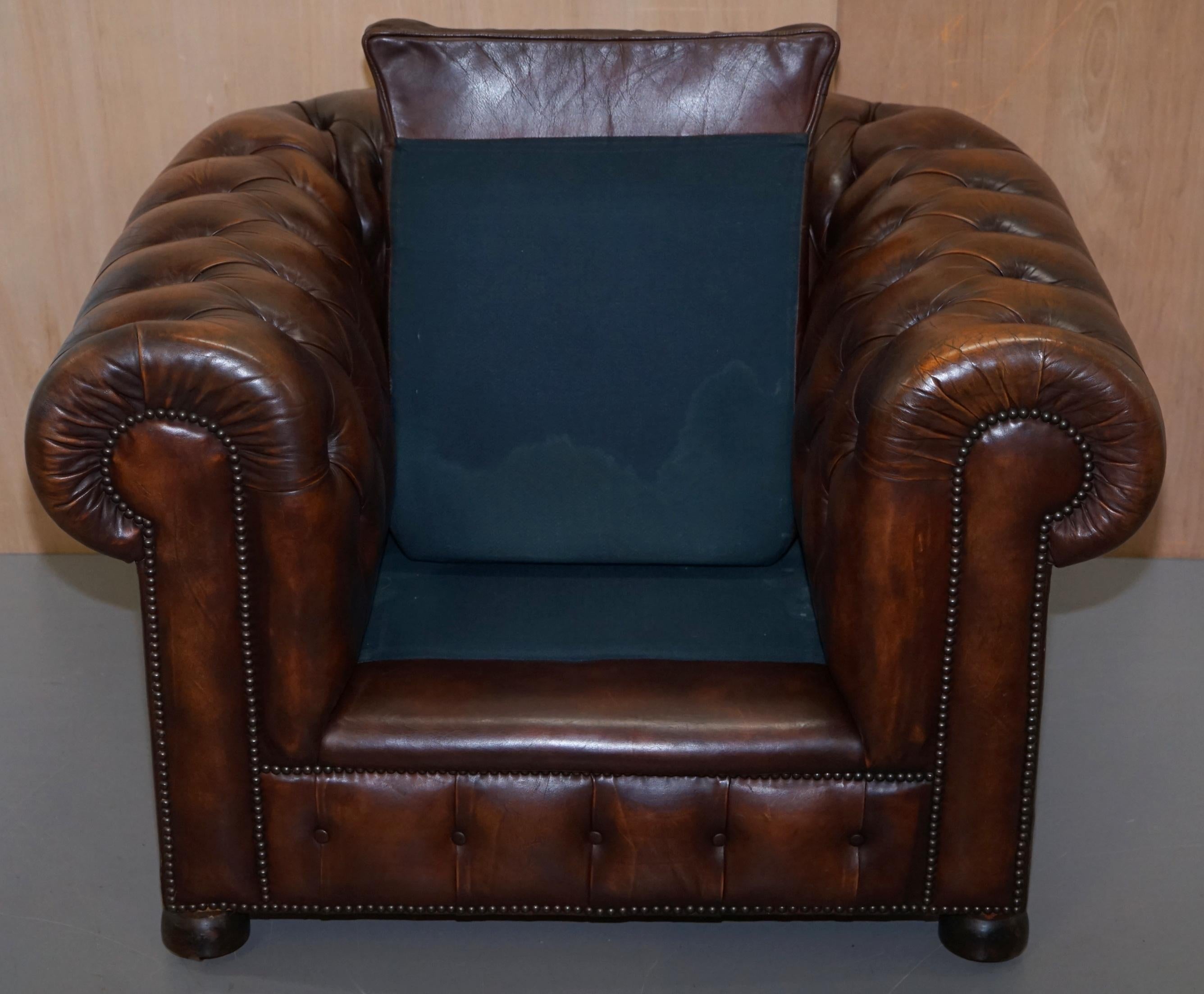 Vintage Art Deco 1920 Brown Leather Hand Dyed Coil Sprung Chesterfield Armchair 8