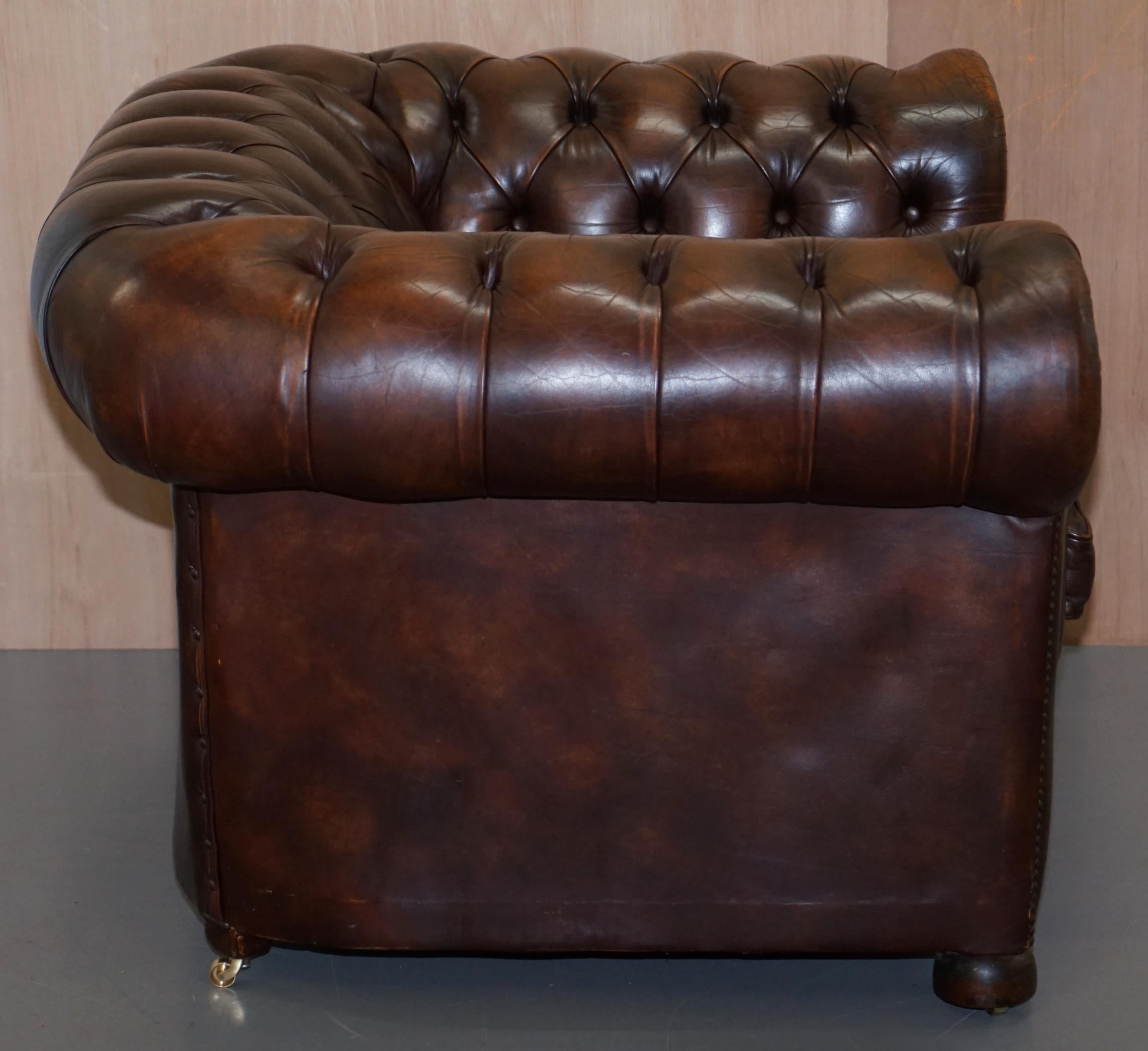 Vintage Art Deco 1920 Brown Leather Hand Dyed Coil Sprung Chesterfield Armchair 9
