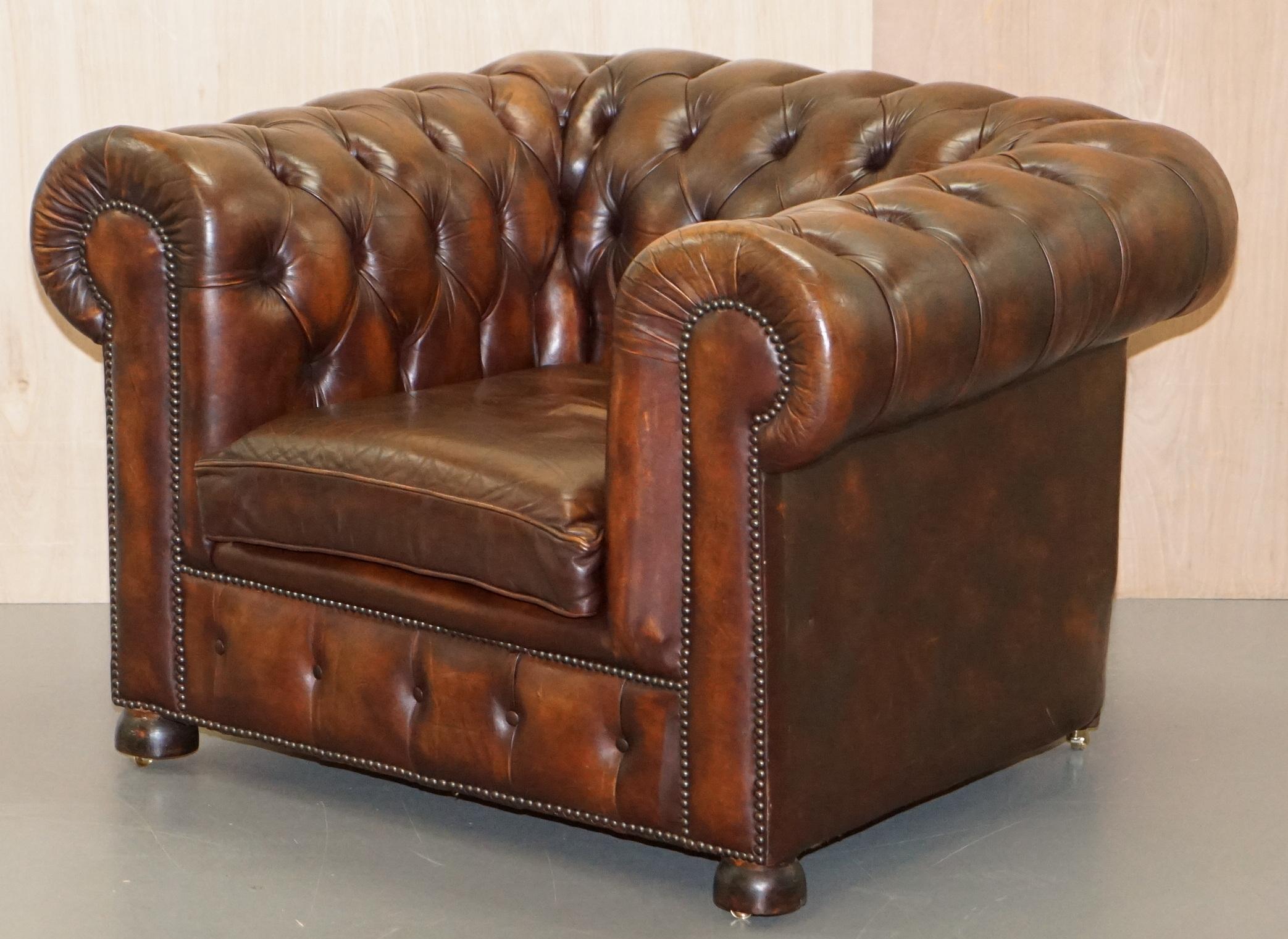 English Vintage Art Deco 1920 Brown Leather Hand Dyed Coil Sprung Chesterfield Armchair