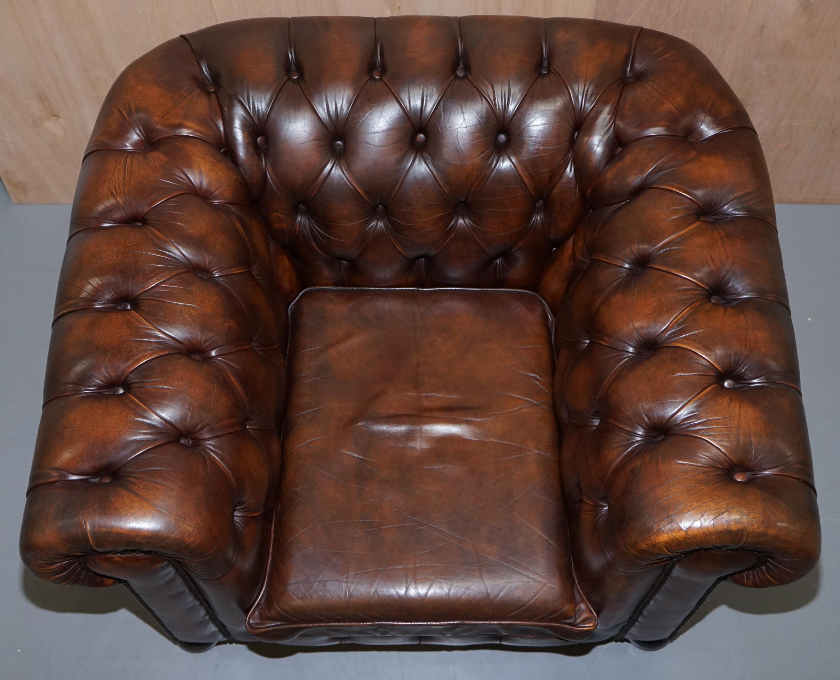 Hand-Crafted Vintage Art Deco 1920 Brown Leather Hand Dyed Coil Sprung Chesterfield Armchair