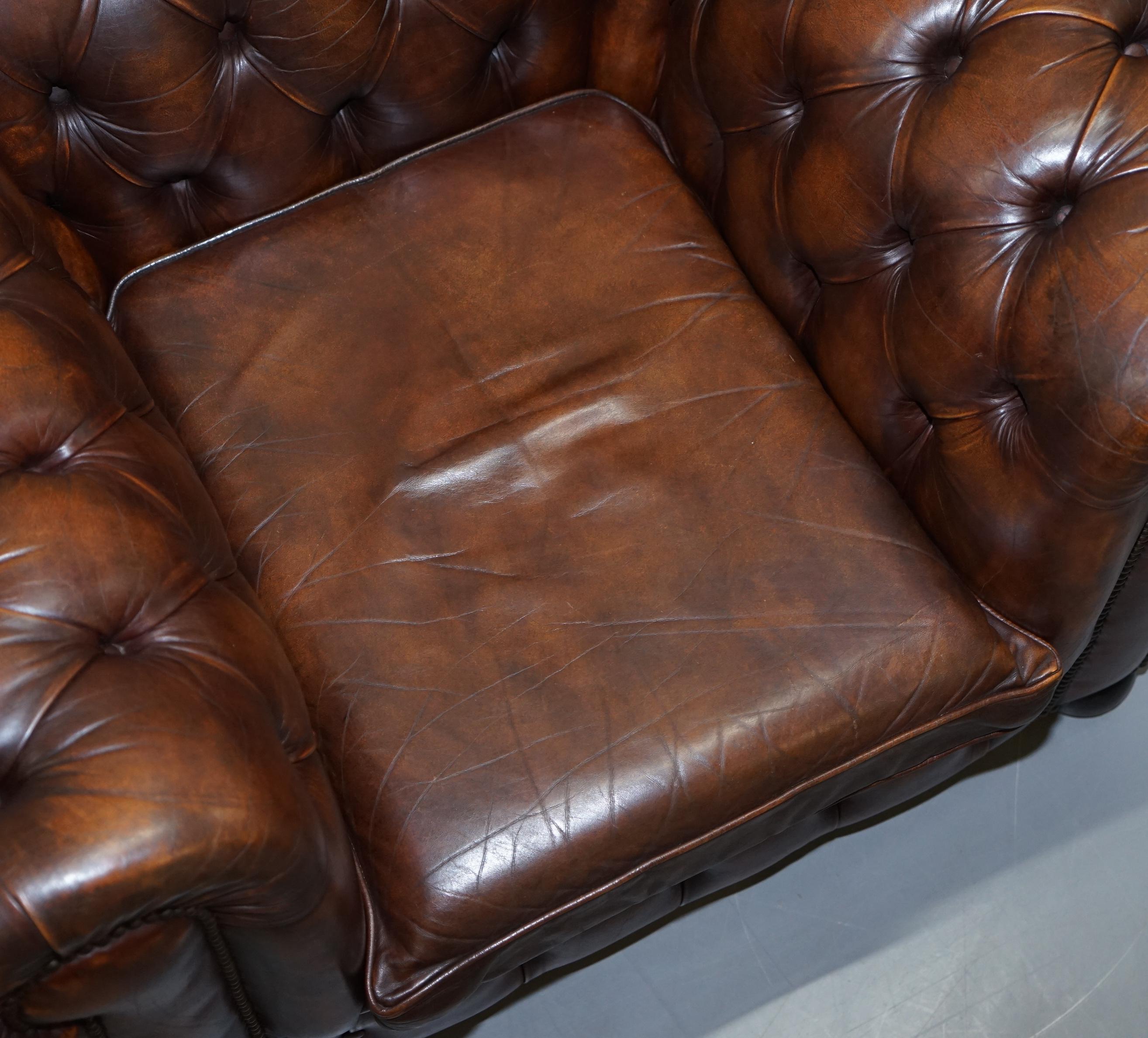 Early 20th Century Vintage Art Deco 1920 Brown Leather Hand Dyed Coil Sprung Chesterfield Armchair