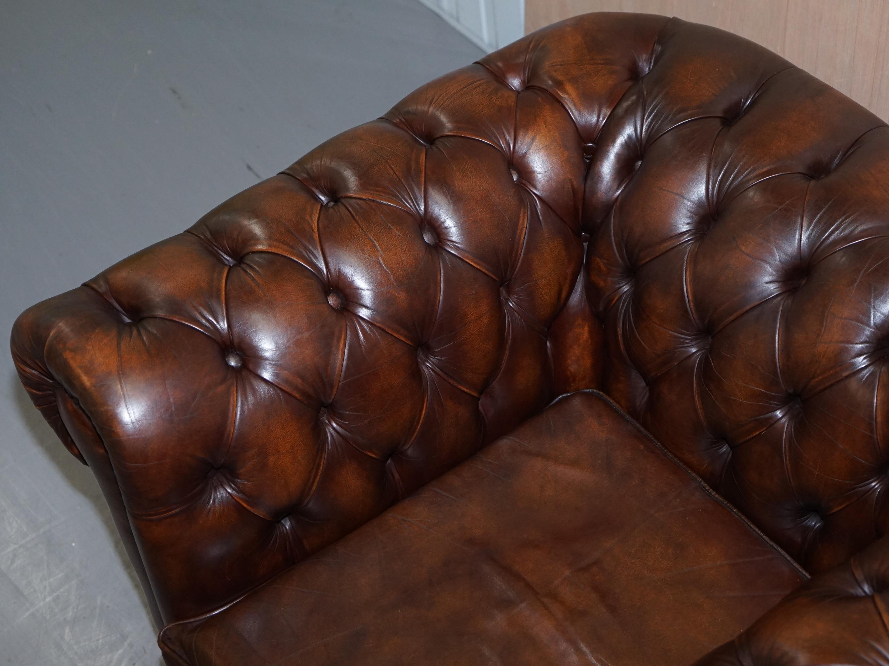 Vintage Art Deco 1920 Brown Leather Hand Dyed Coil Sprung Chesterfield Armchair 1