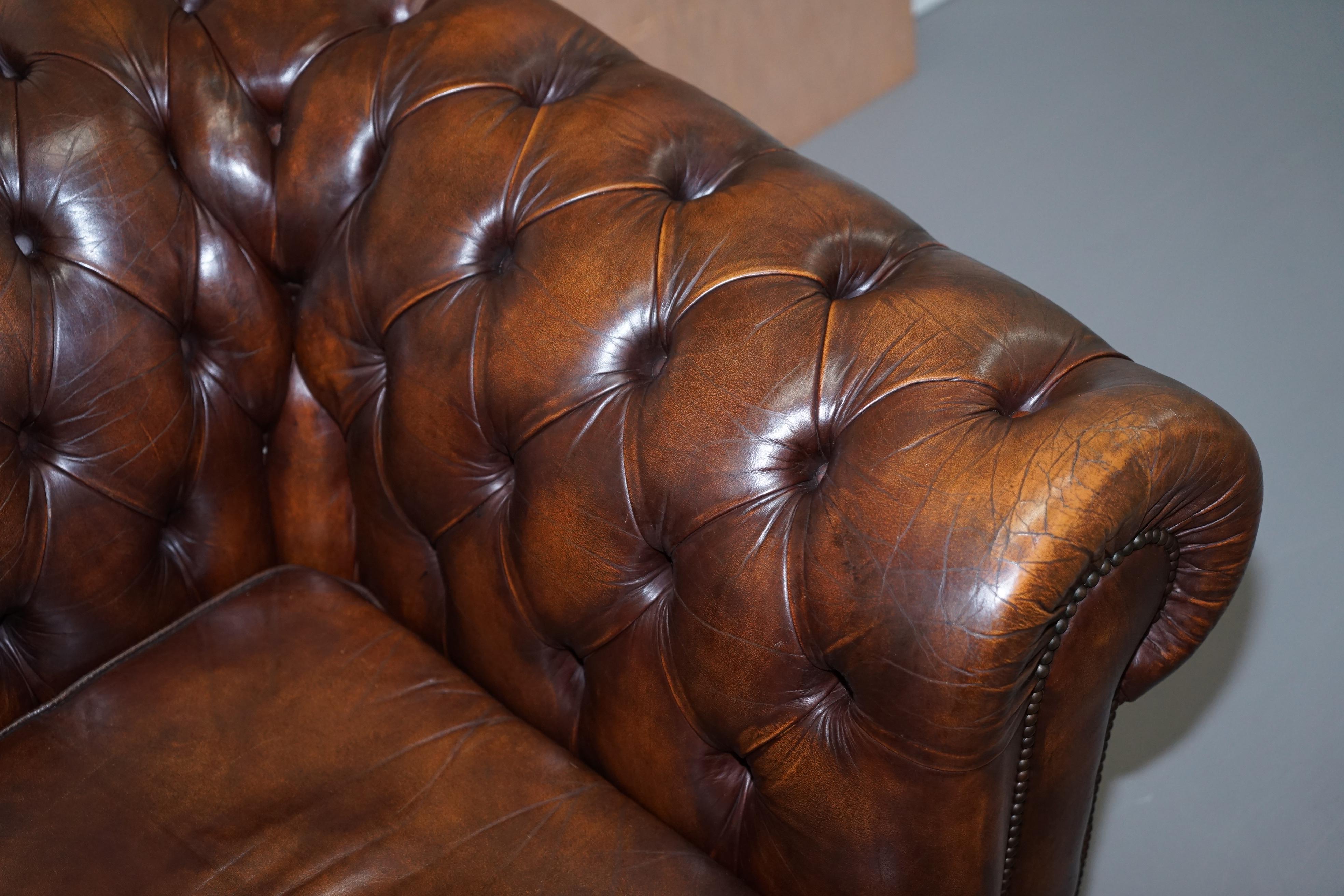 Vintage Art Deco 1920 Brown Leather Hand Dyed Coil Sprung Chesterfield Armchair 3