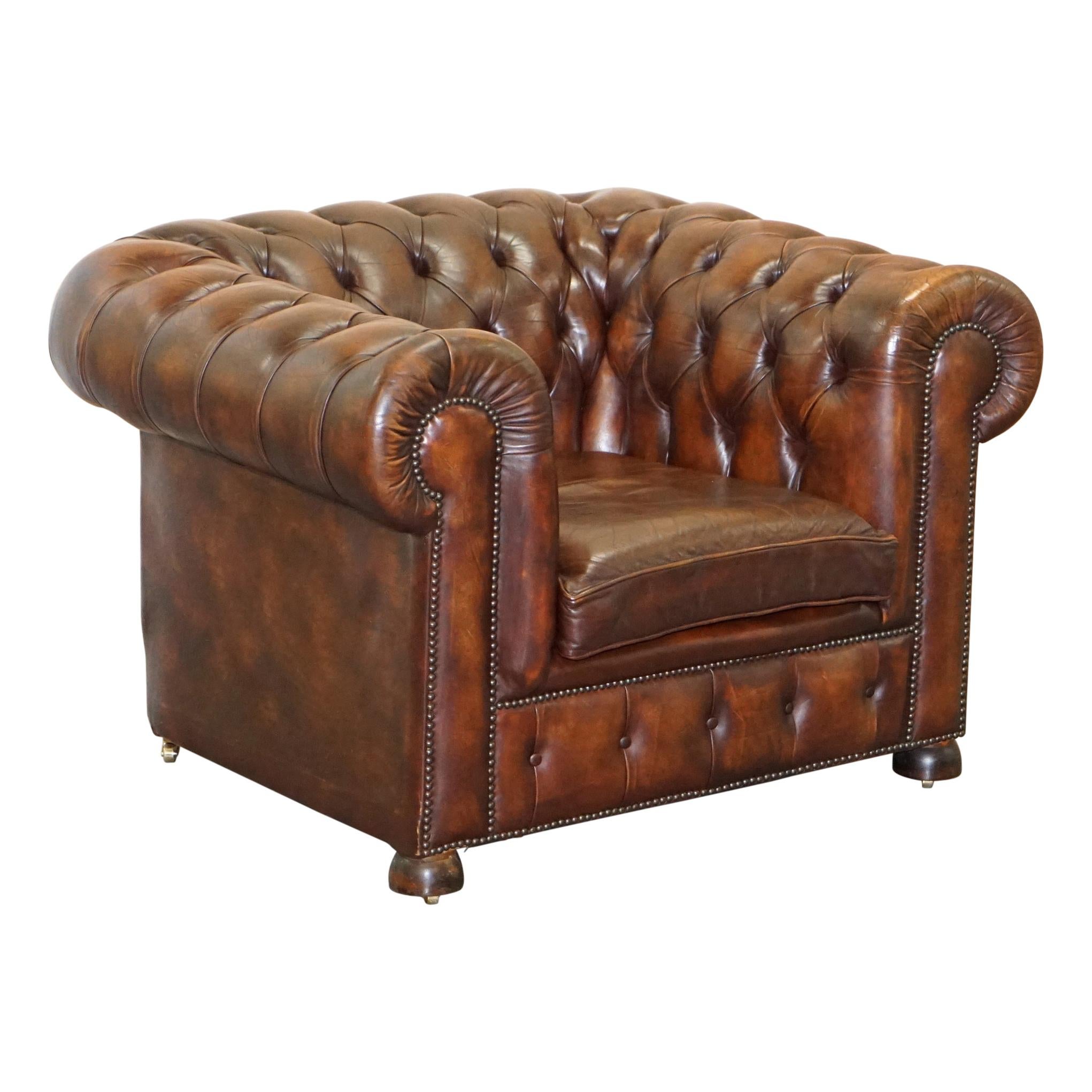 Vintage Art Deco 1920 Brown Leather Hand Dyed Coil Sprung Chesterfield Armchair