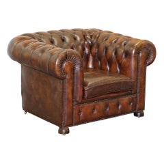 Vintage Art Deco 1920 Brown Leather Hand Dyed Coil Sprung Chesterfield Armchair