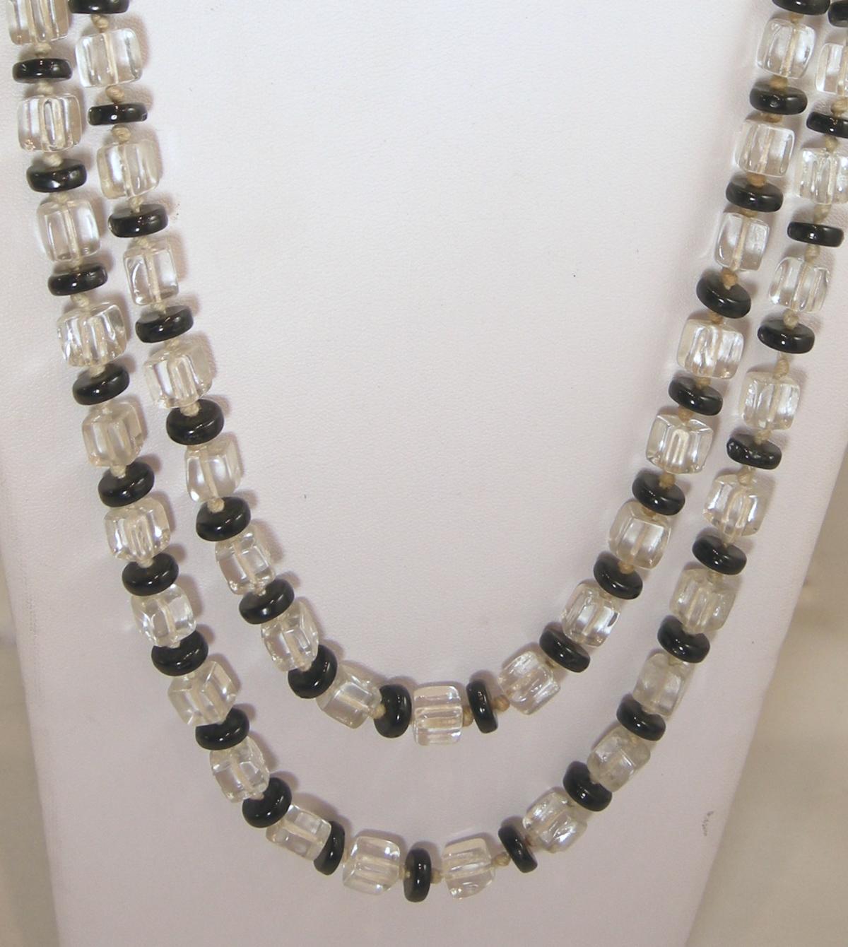 Women's or Men's Vintage Art Deco 1920s Black & Clear Crystal Bead Rope Necklace For Sale