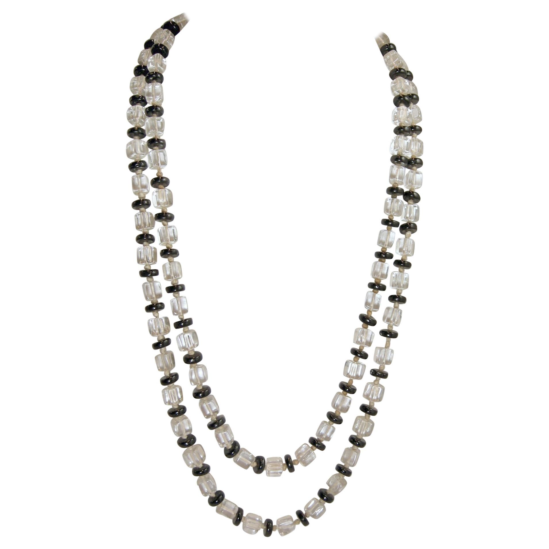 Vintage Art Deco 1920s Black & Clear Crystal Bead Rope Necklace For Sale