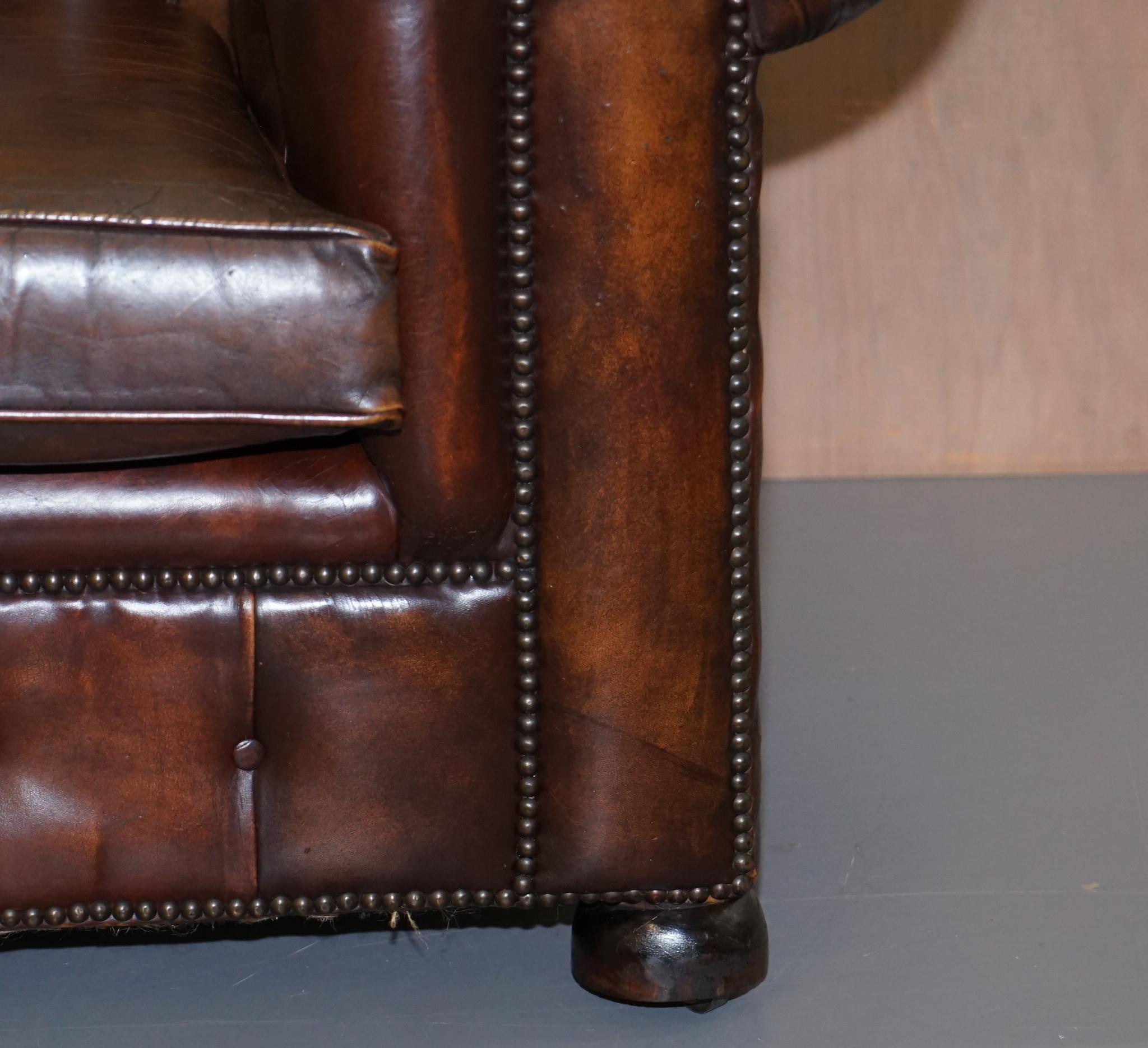 Vintage Art Deco 1920s Brown Leather Hand Dyed Coil Sprung Chesterfield Sofa 2