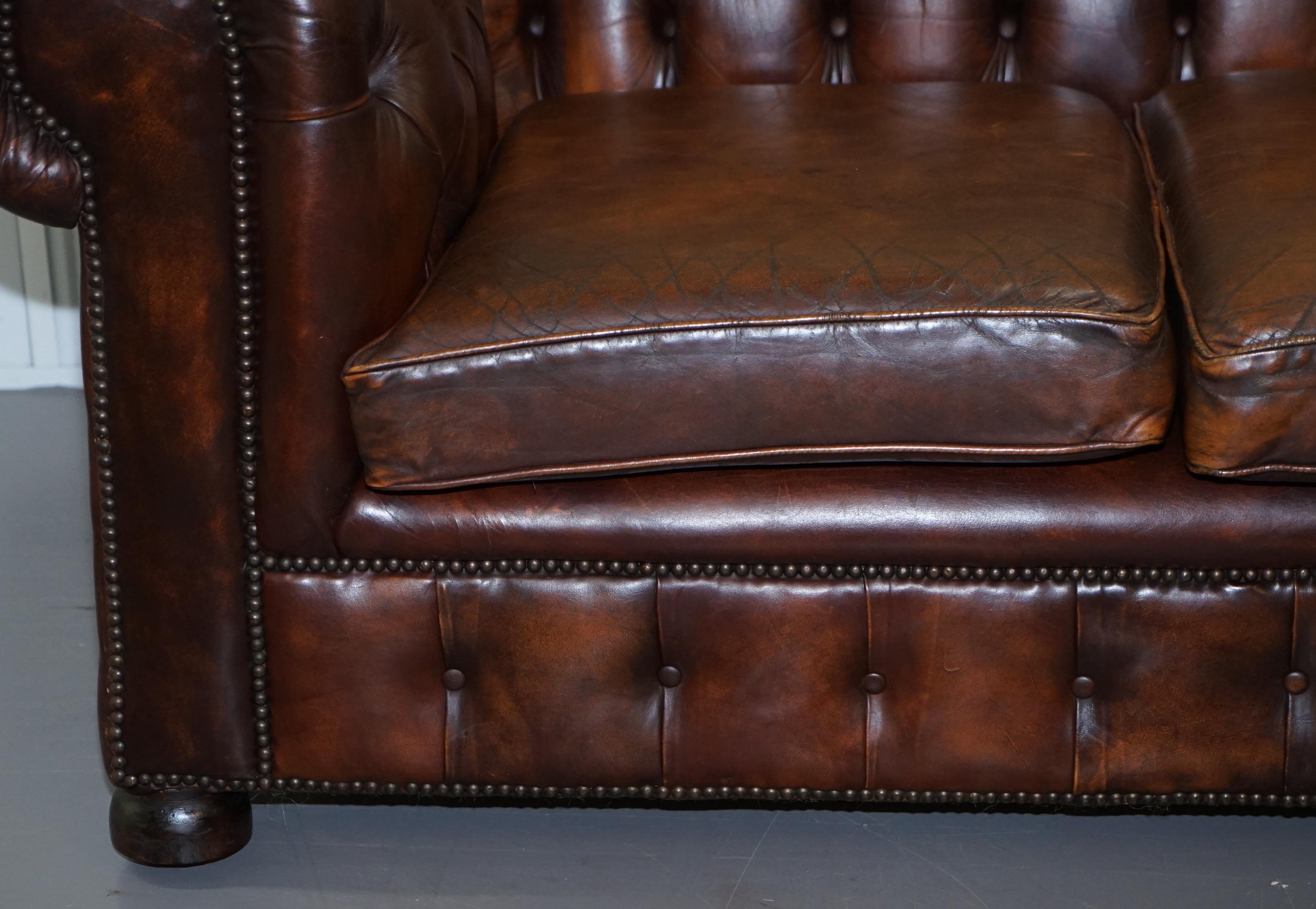 Vintage Art Deco 1920s Brown Leather Hand Dyed Coil Sprung Chesterfield Sofa 5