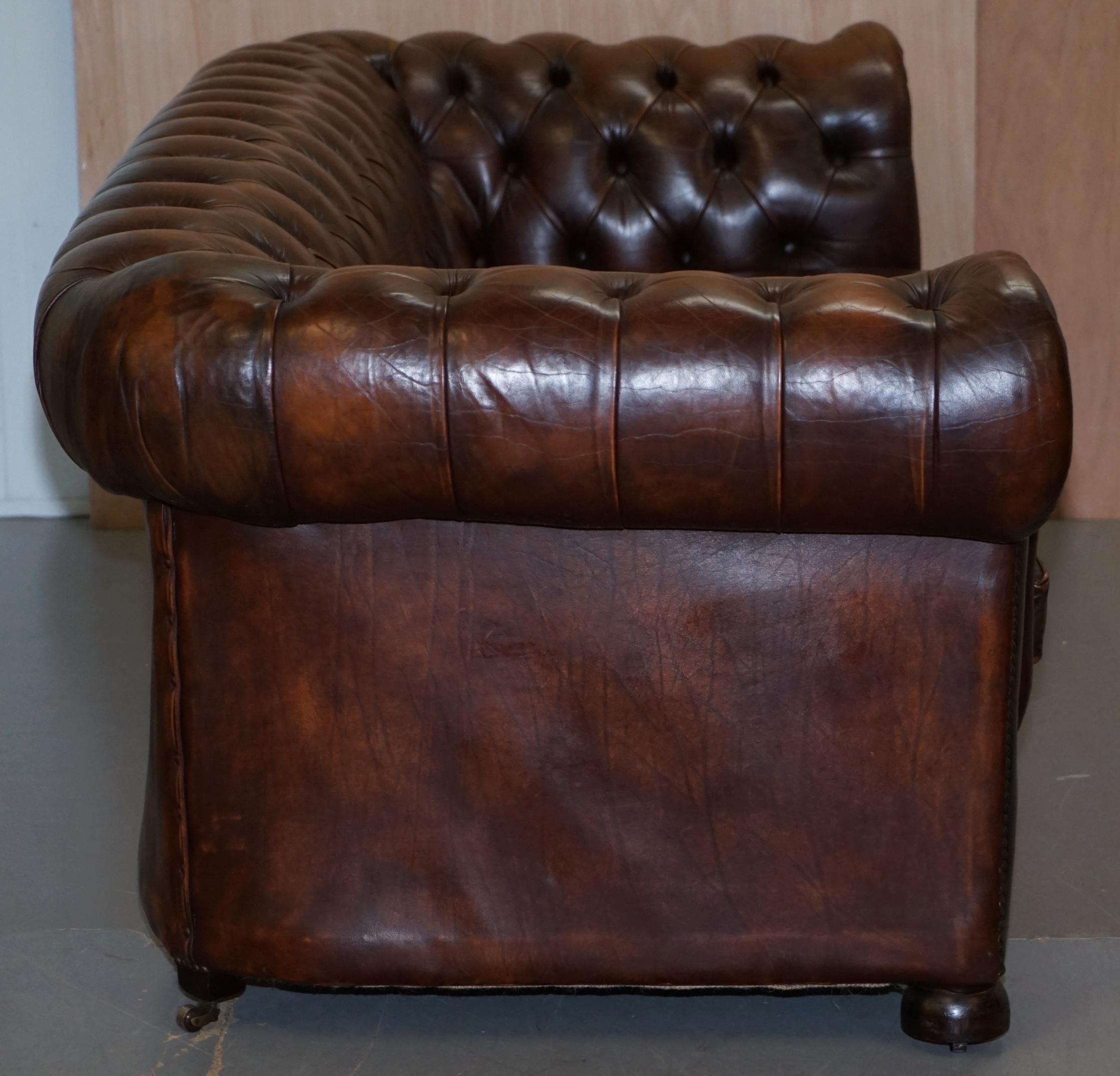 Vintage Art Deco 1920s Brown Leather Hand Dyed Coil Sprung Chesterfield Sofa 7