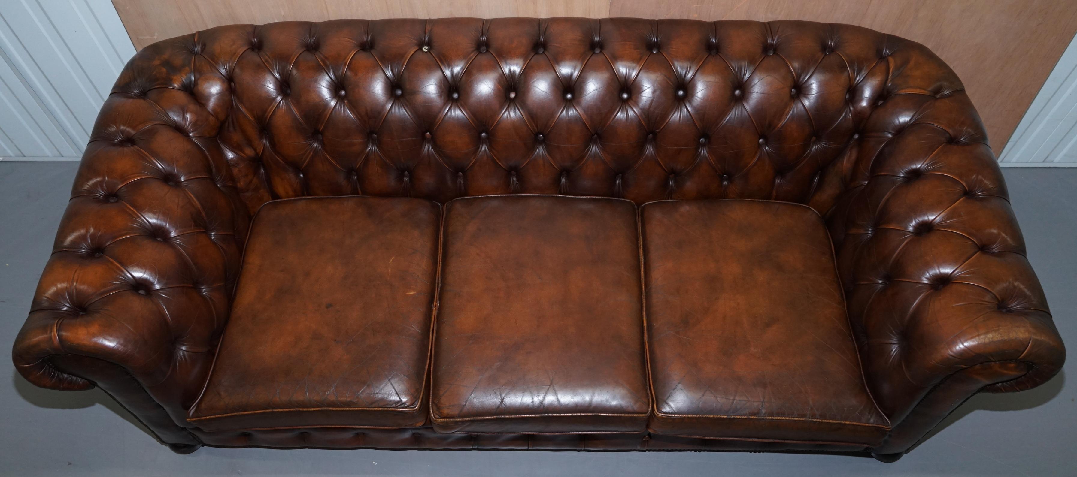 English Vintage Art Deco 1920s Brown Leather Hand Dyed Coil Sprung Chesterfield Sofa