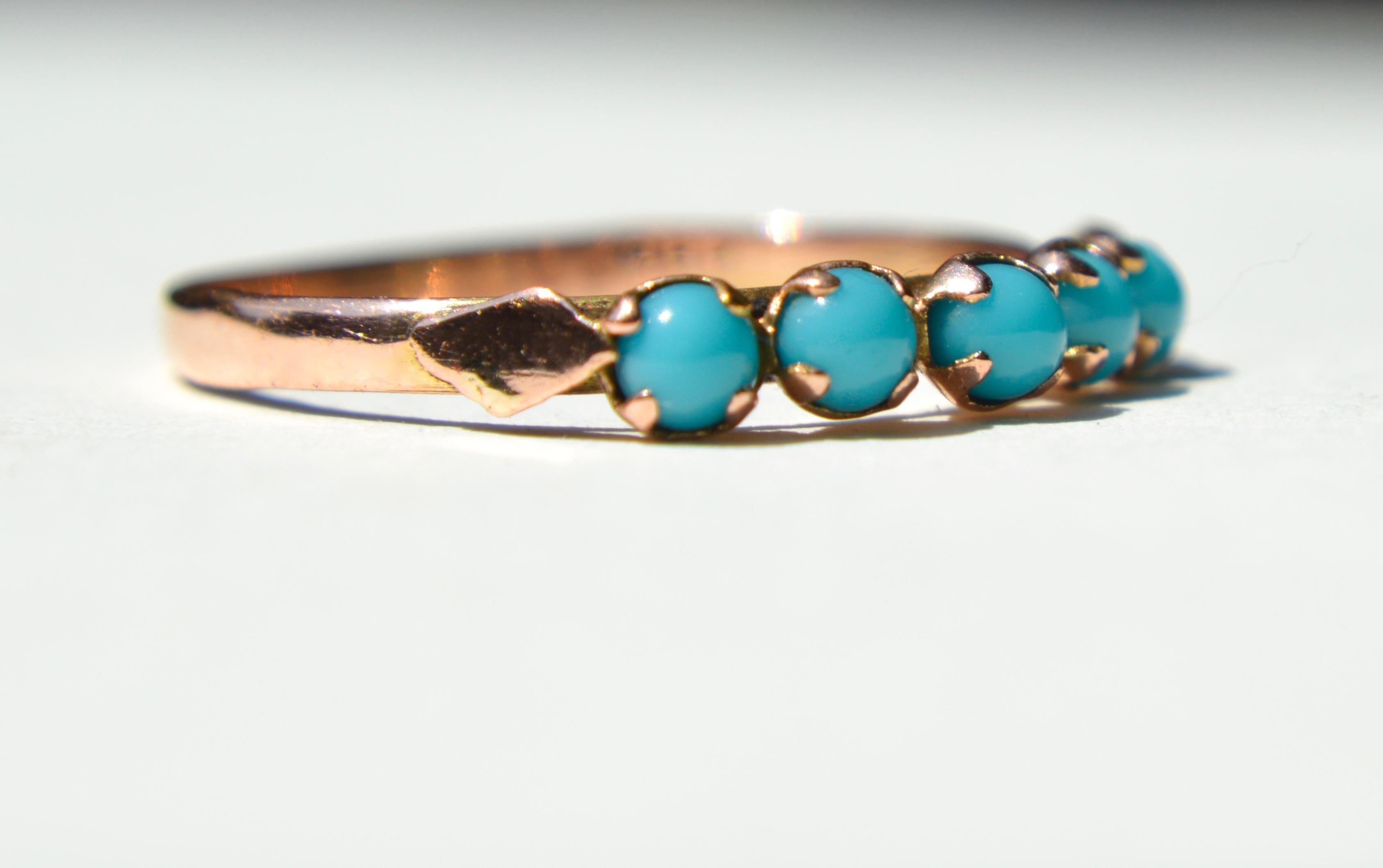 Lovely vintage circa 1930s 14K rose gold sleeping beauty turquoise 5 stone band. Size 9.25, can be resized. Marked and tested as 585 for 14K gold. In good condition. Each round sphere stone measures 3mm in diameter. 