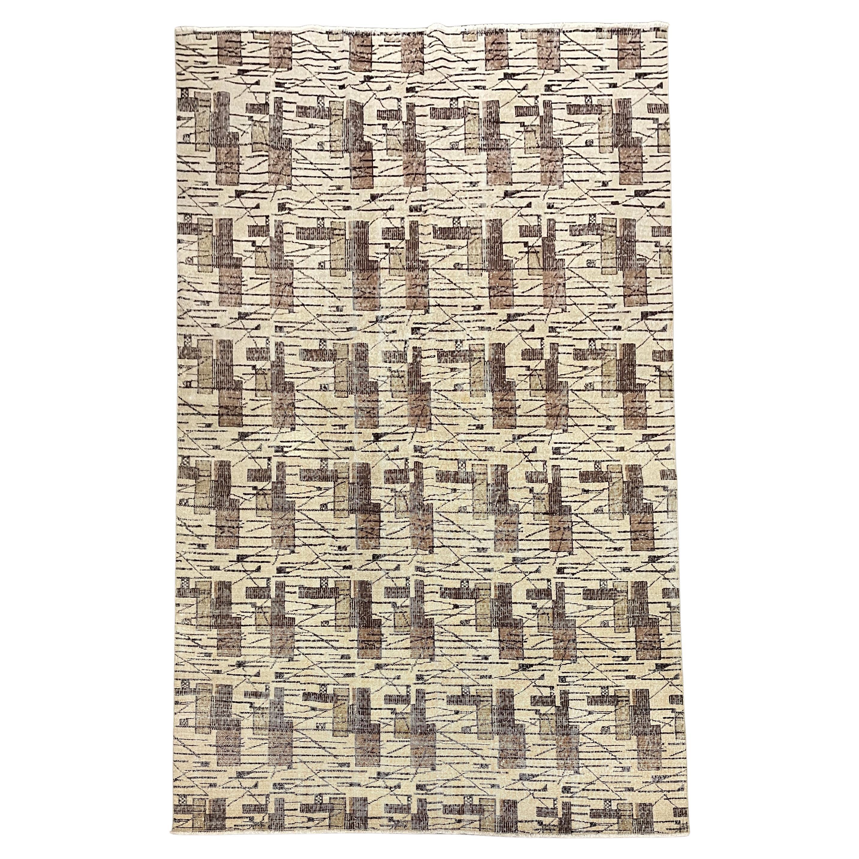 Vintage Art Deco 1950s Wool Area Rug in Dark / Light Brown For Sale