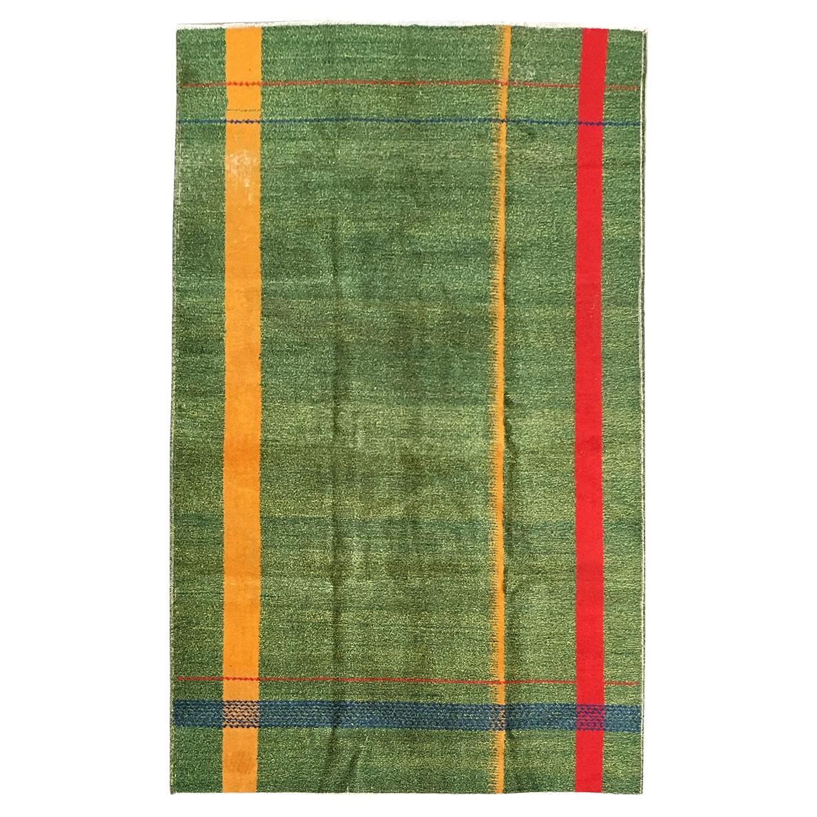 Alfombra de lana Art Decó vintage de los años 50 en colores verde, rojo y amarillo