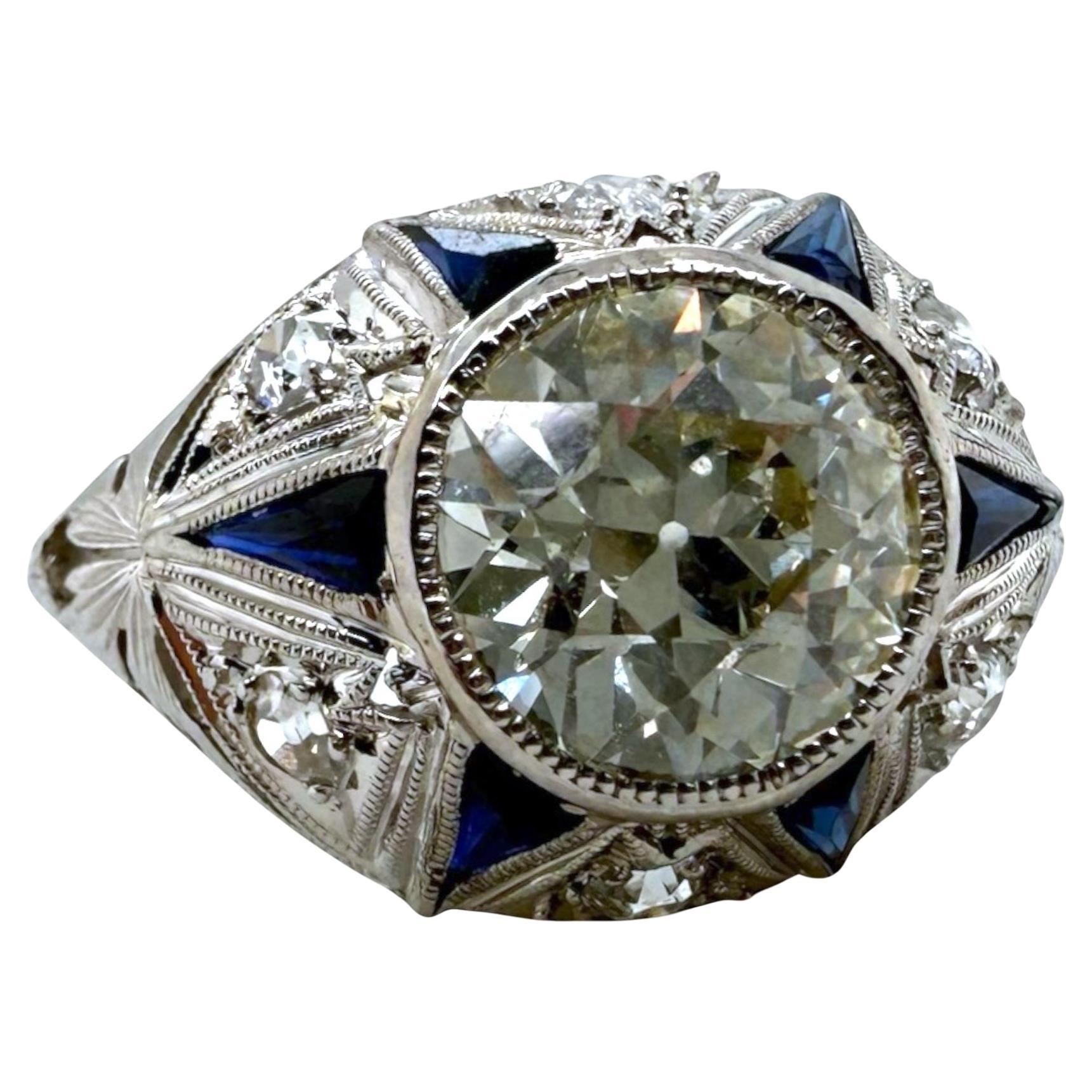 Anello di fidanzamento vintage Art Deco con diamanti e zaffiri taglio europeo da 1.97 carati