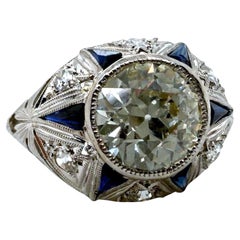 Anello di fidanzamento vintage Art Deco con diamanti e zaffiri taglio europeo da 1.97 carati