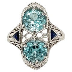 Vintage Art Deco 2 Stein Runde Blauer Zirkon Gold Navette Ring