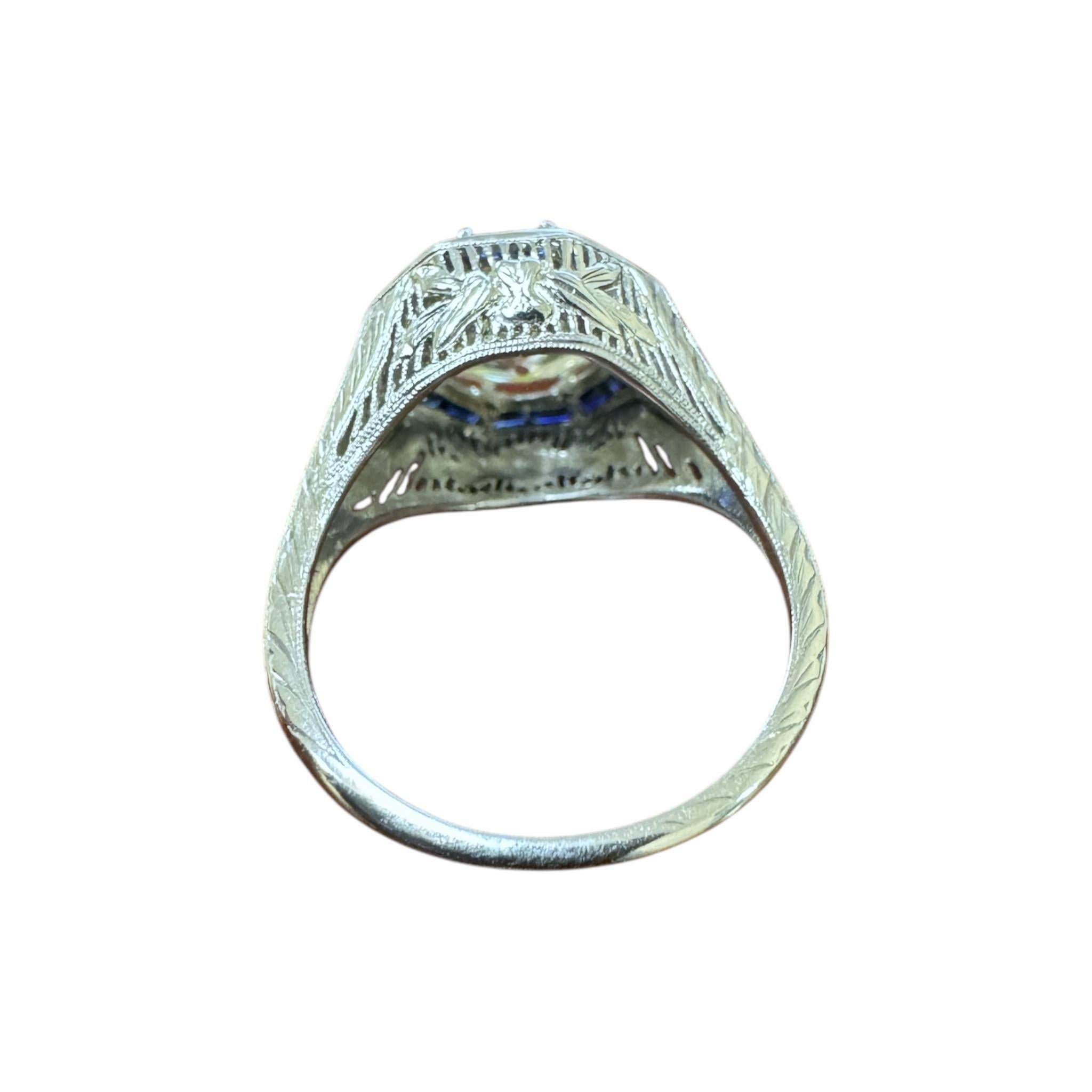 Anello di fidanzamento vintage Art Deco con diamanti e zaffiri taglio europeo da 2,46 carati 4