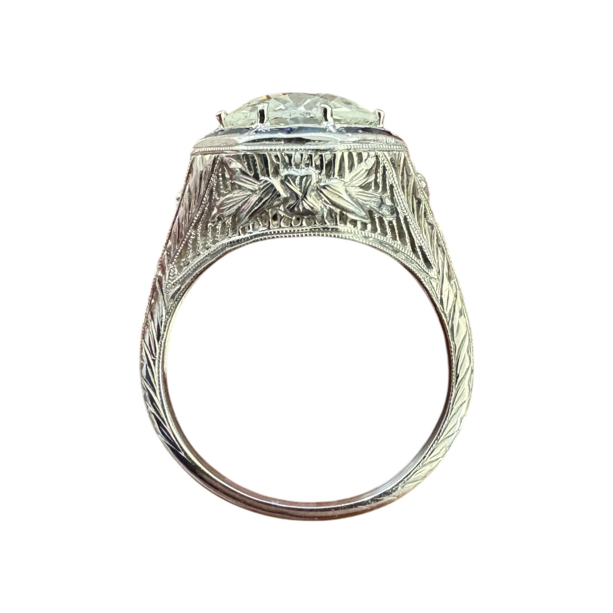 Anello di fidanzamento vintage Art Deco con diamanti e zaffiri taglio europeo da 2,46 carati 5