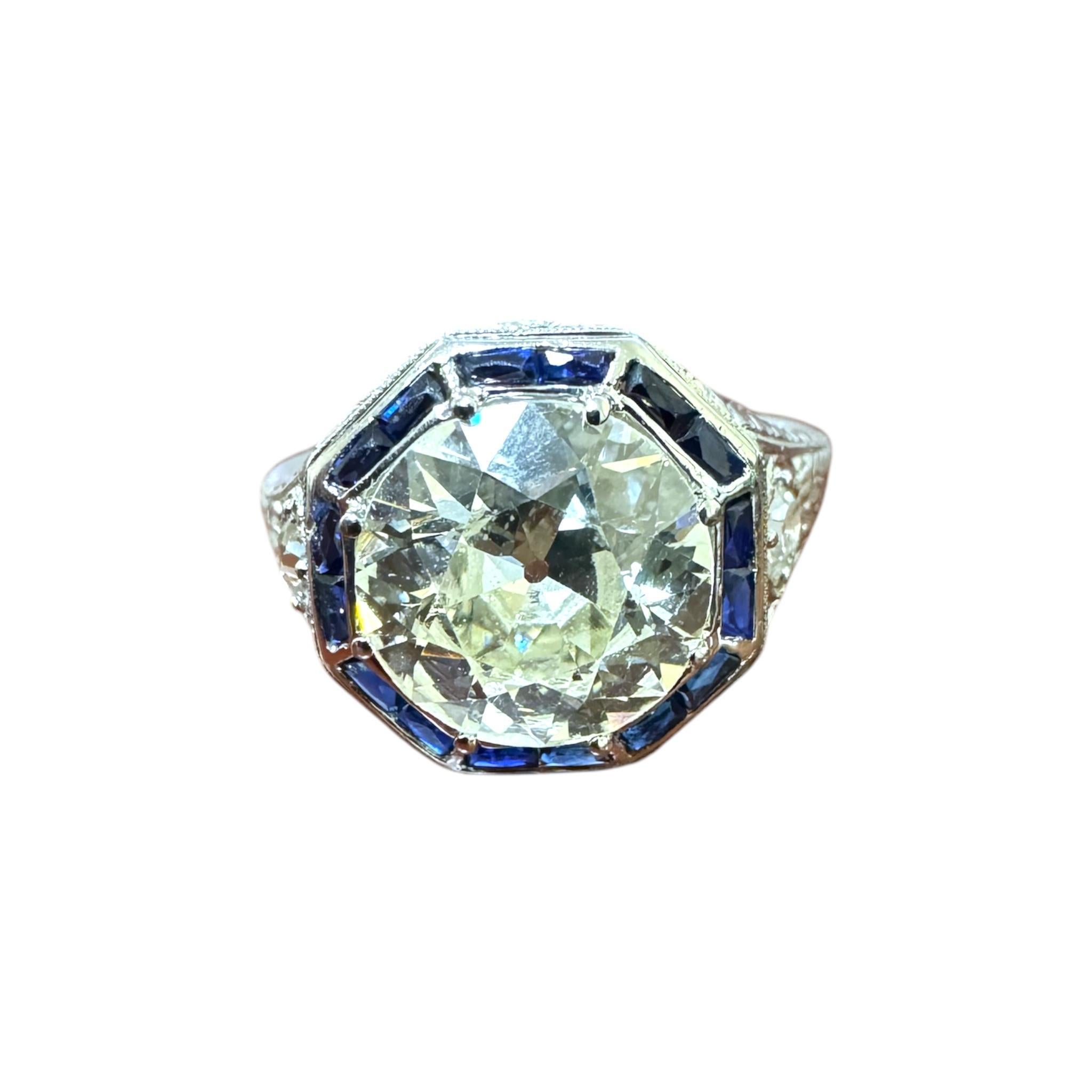 Donna Anello di fidanzamento vintage Art Deco con diamanti e zaffiri taglio europeo da 2,46 carati