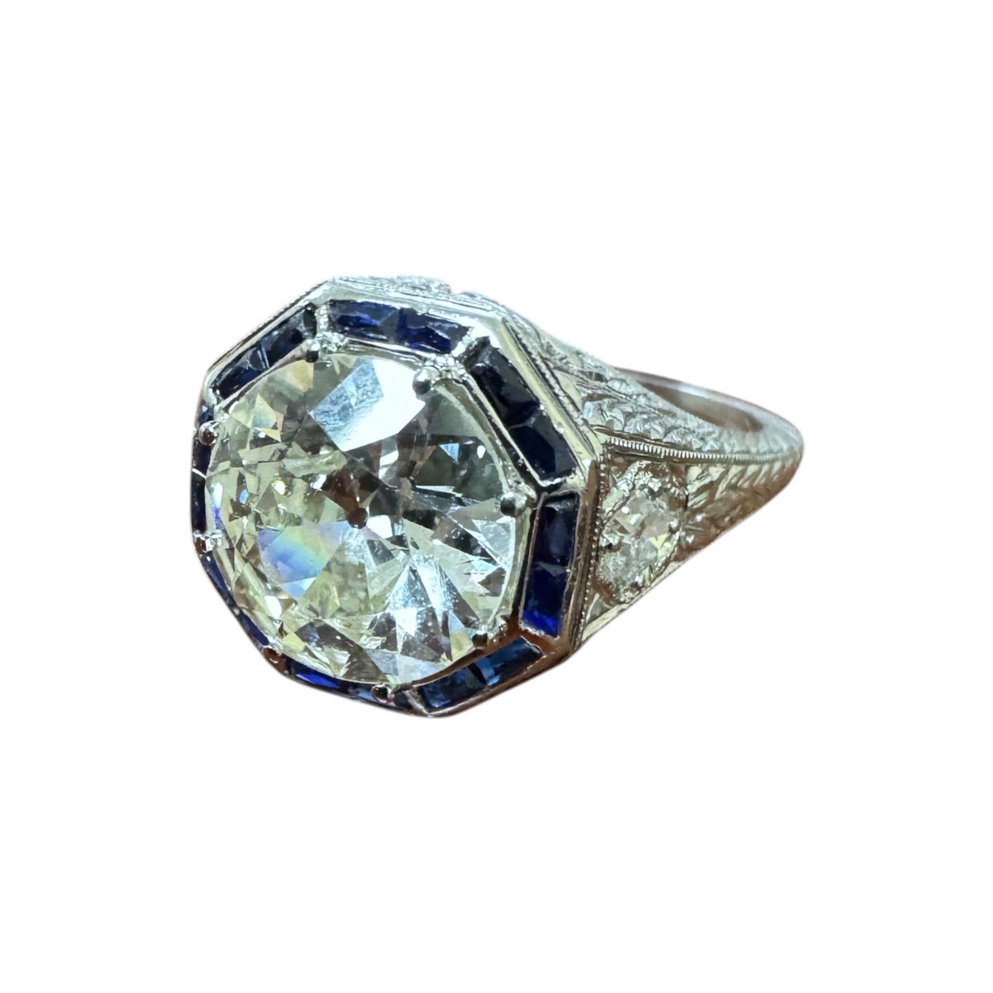 Anello di fidanzamento vintage Art Deco con diamanti e zaffiri taglio europeo da 2,46 carati 1
