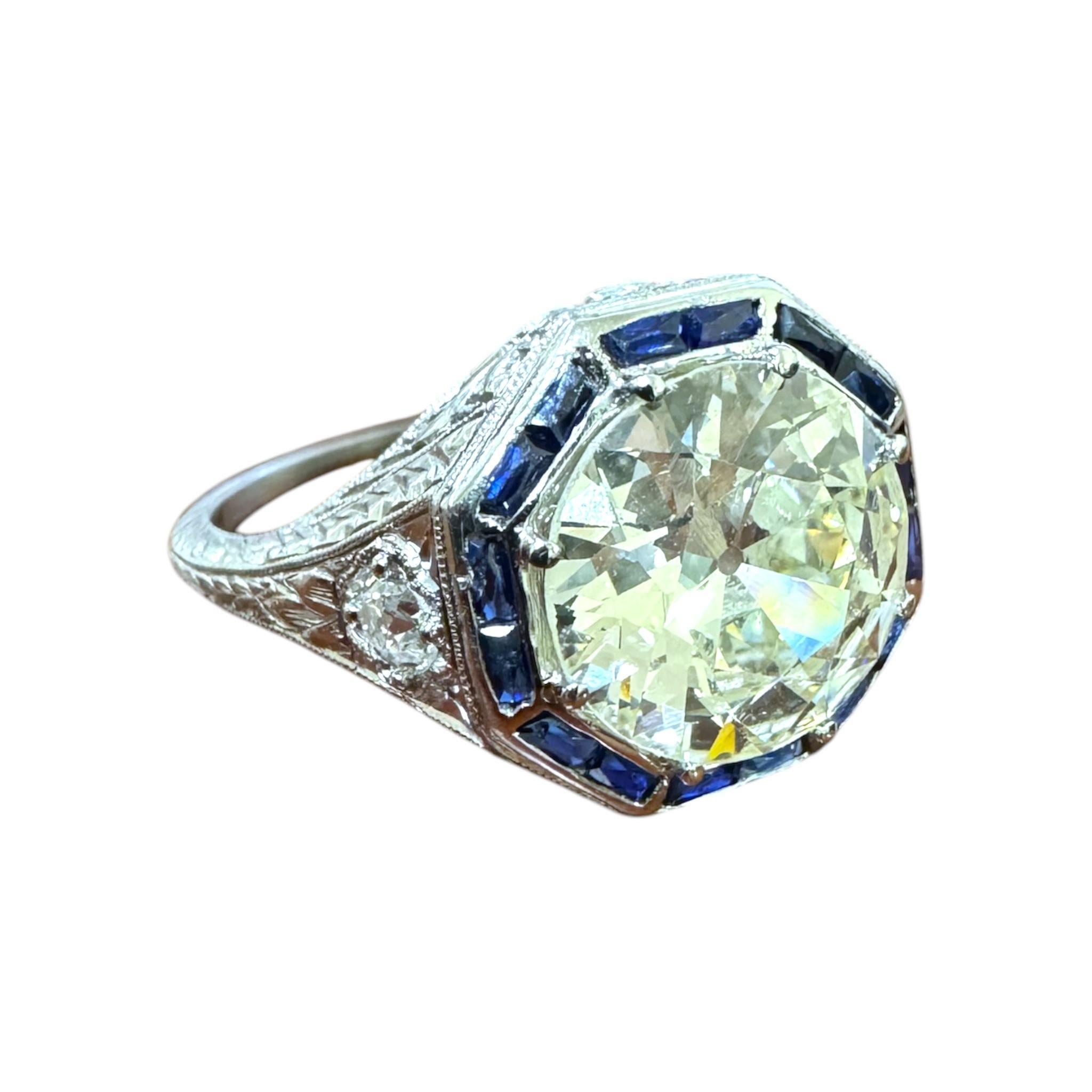 Anello di fidanzamento vintage Art Deco con diamanti e zaffiri taglio europeo da 2,46 carati 2