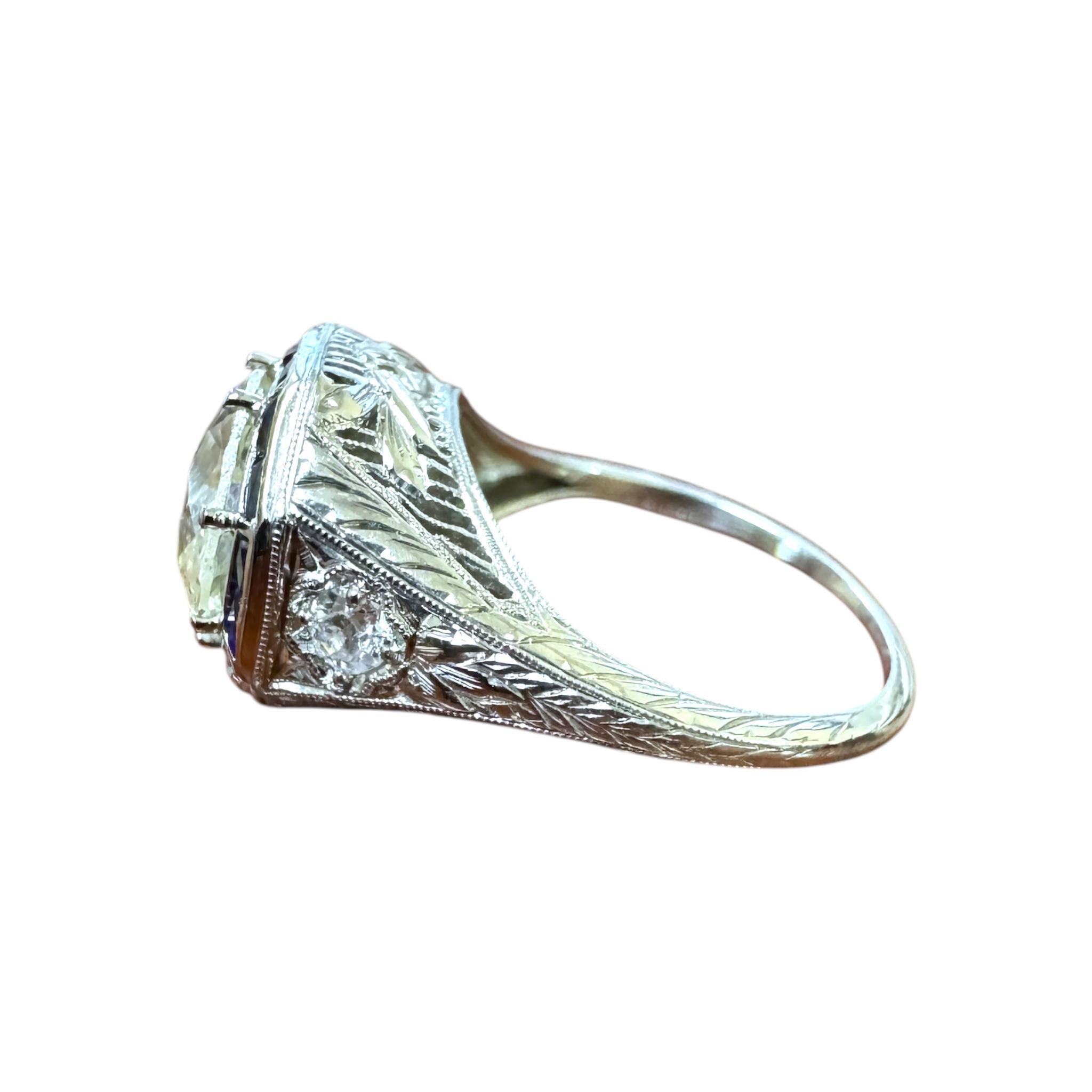 Anello di fidanzamento vintage Art Deco con diamanti e zaffiri taglio europeo da 2,46 carati 3