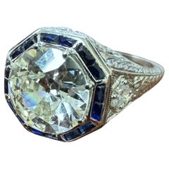 Anillo de compromiso vintage Art Decó de diamantes y zafiros talla europea antigua de 2,46 quilates