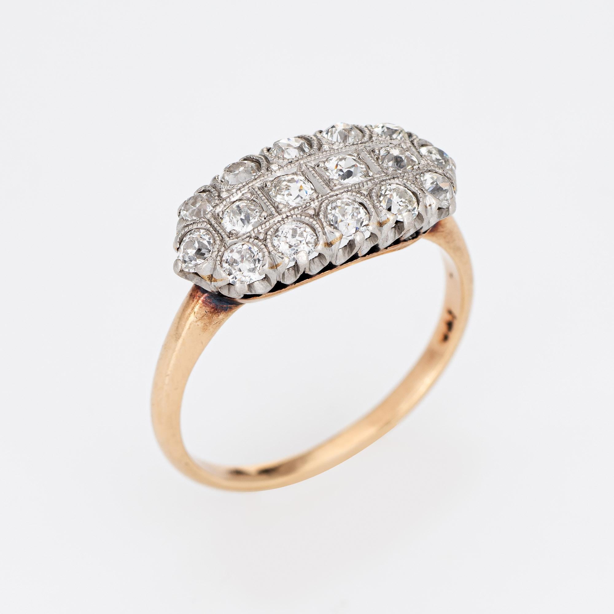 Finely detailed vintage Art Deco 3 row diamond ring (circa 1920s to 1930s) crafted in 14 karat yellow gold & platinum. 

16 old mine cut diamonds are estimated at 0.05 carats each and total an estimated 0.80 carats (estimated at H-I color and SI1-I1