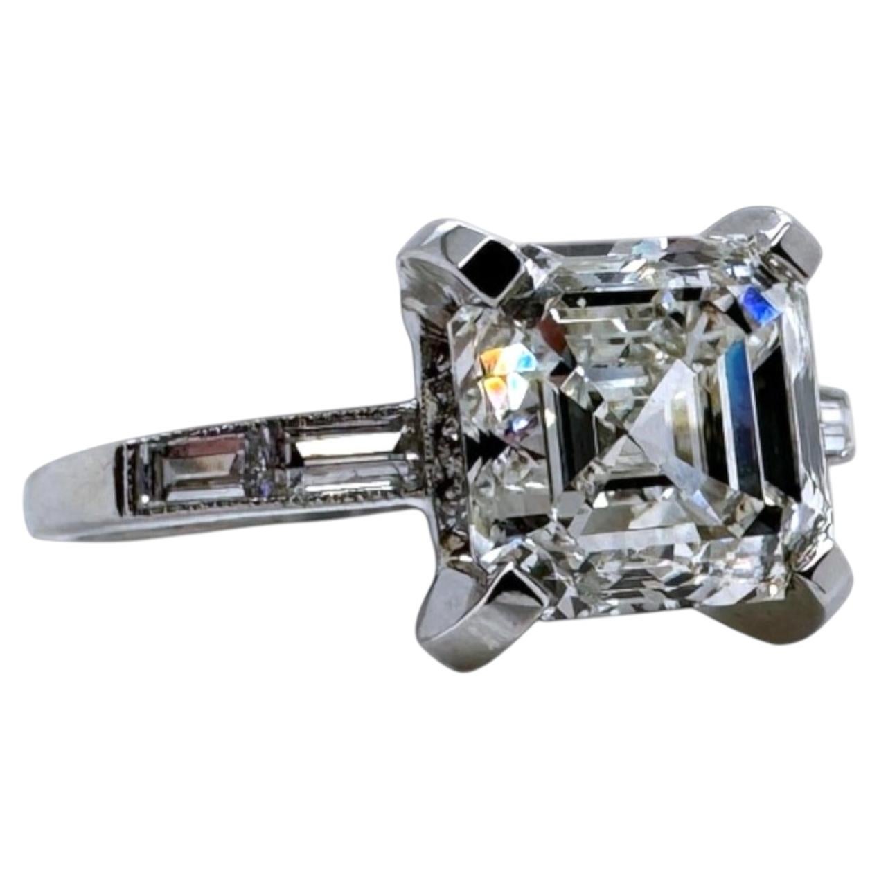 Vintage Art Deco 3.02 Carat Asscher Cut Diamond Platinum Hidden Halo Ring