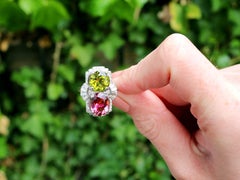 Vintage Art Deco 3.04ct Peridot 3.12ct Pink Tourmaline Diamond Platinum Ring