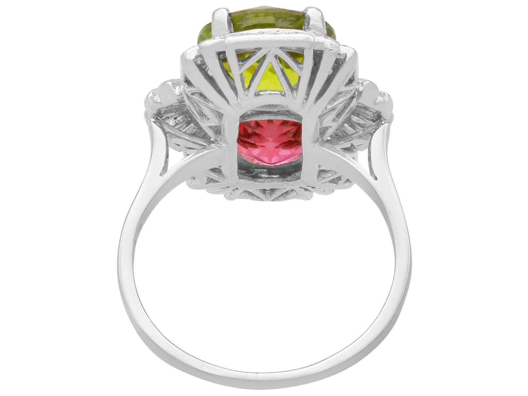 Vintage Art Deco 3.04ct Peridot 3.12ct Pink Tourmaline Diamond Platinum  Ring In Excellent Condition For Sale In Jesmond, Newcastle Upon Tyne