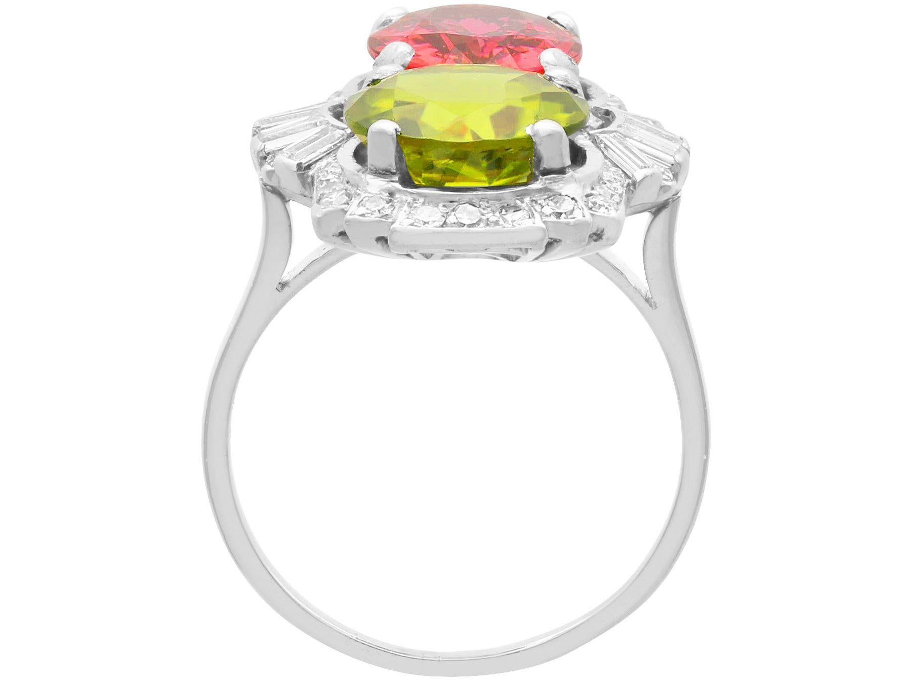 Women's or Men's Vintage Art Deco 3.04ct Peridot 3.12ct Pink Tourmaline Diamond Platinum  Ring For Sale