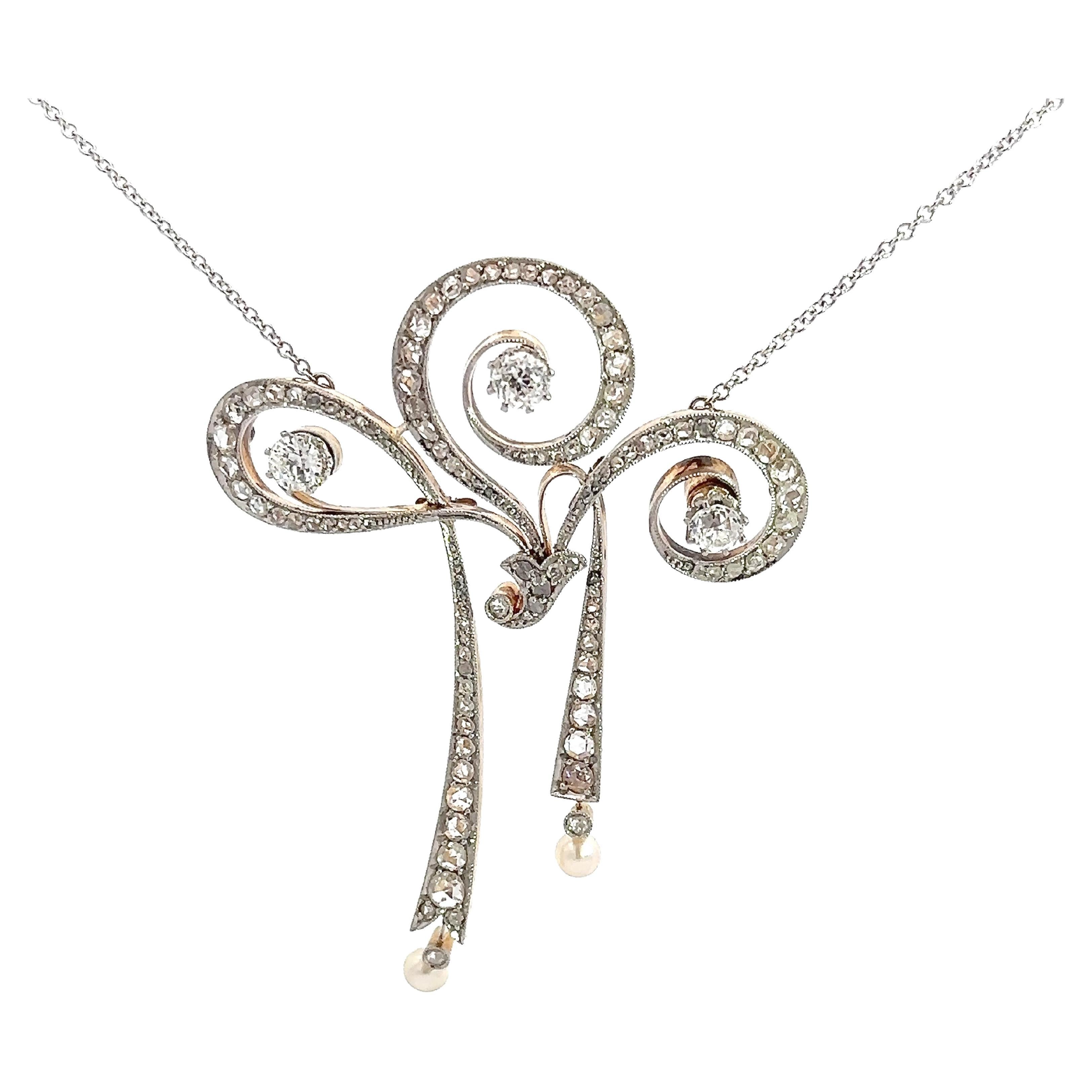 Vintage Art Deco 4CT Diamond Bow Pendant Necklace