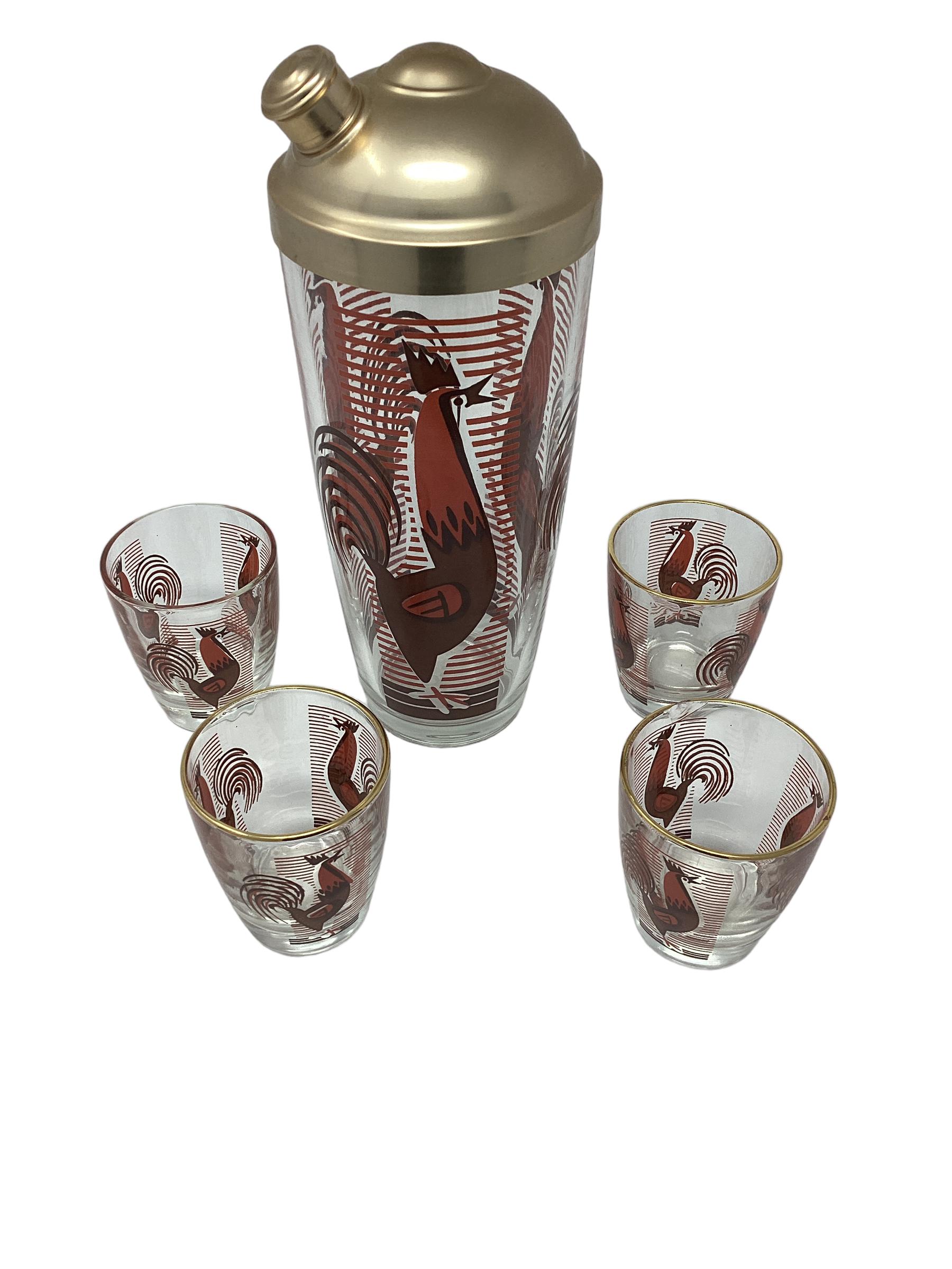 Vintage Art Deco 5 Piece Dyball Cocktail Set with Stylized Rooster For Sale 4