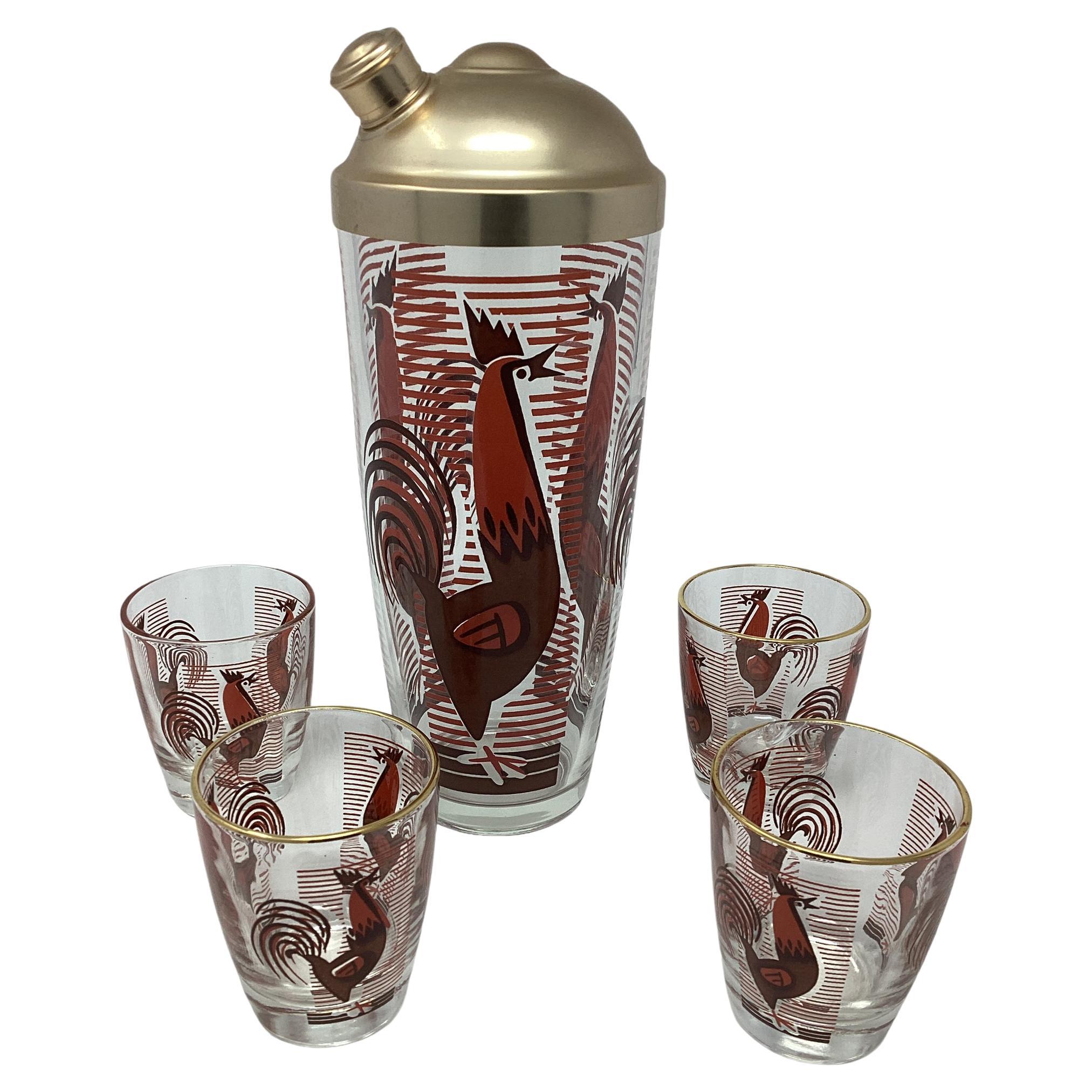 5teiliges Vintage-Art-Déco-Cocktail-Set mit stilisiertem Hahn, Vintage im Angebot