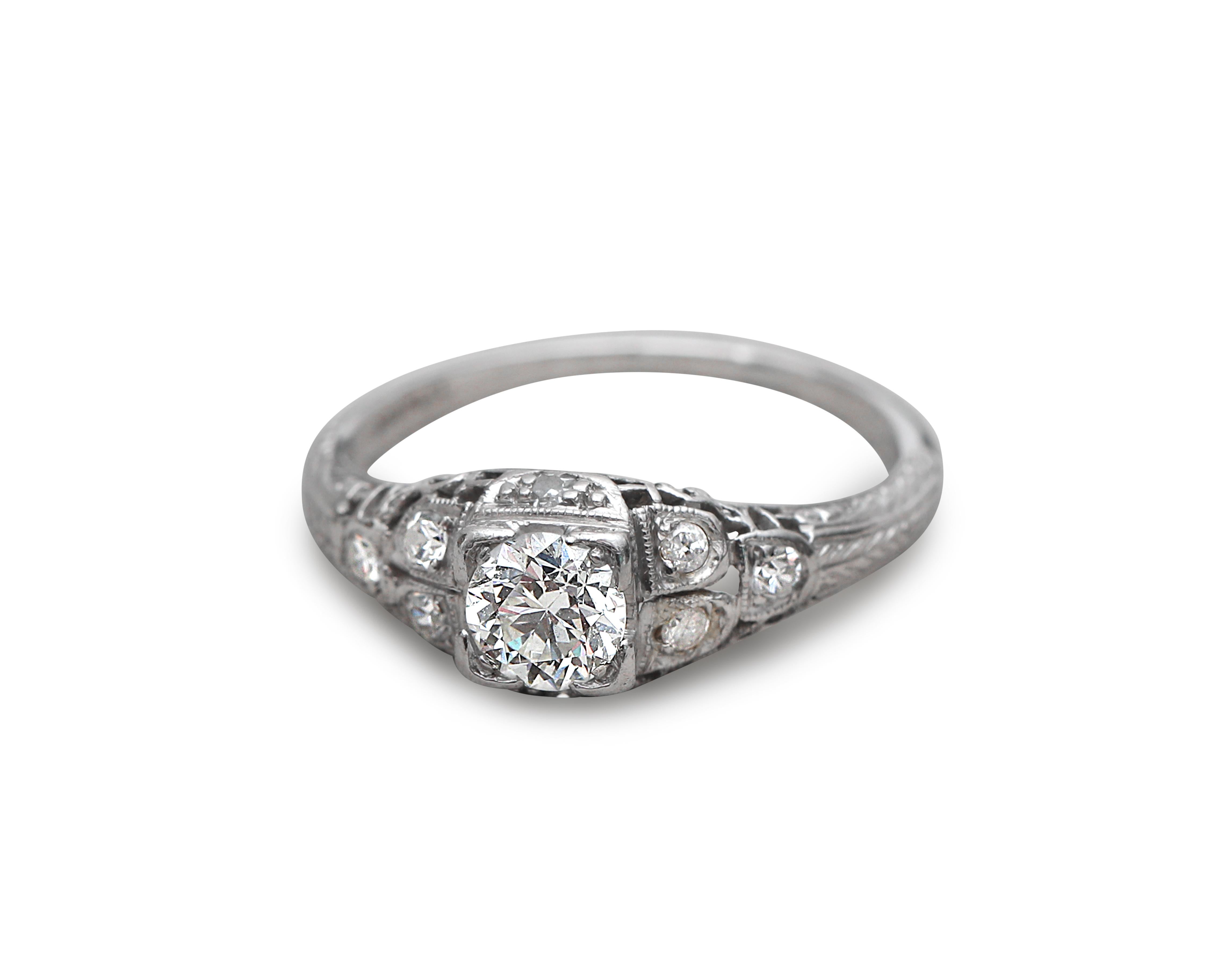 Old European Cut Vintage Art Deco .50 Carat Diamond Platinum Engagement Ring
