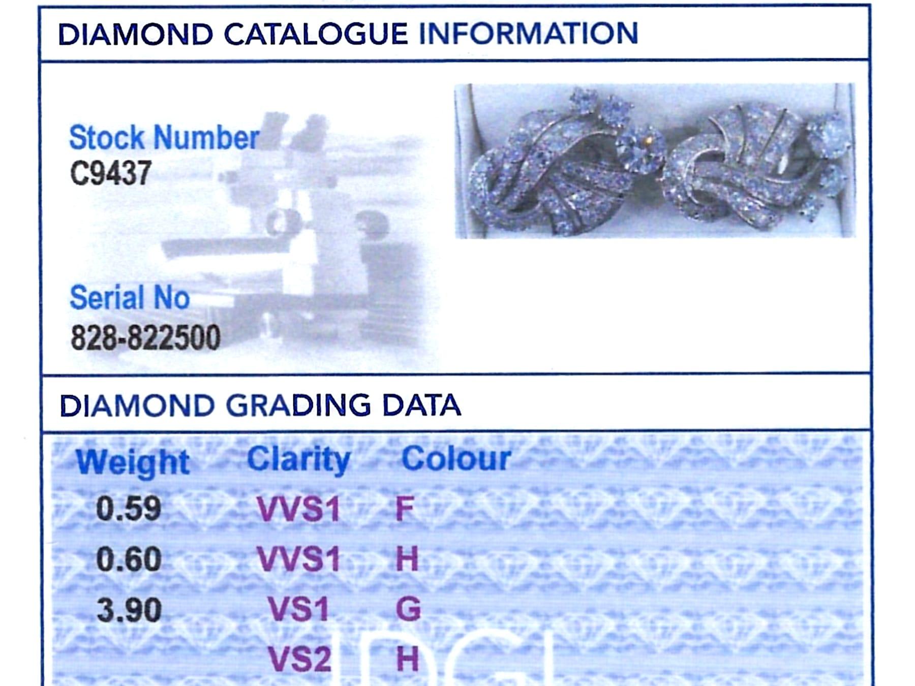 Pendientes vintage Art Déco de diamantes y platino de 5,09 quilates Circa 1950 en venta 7