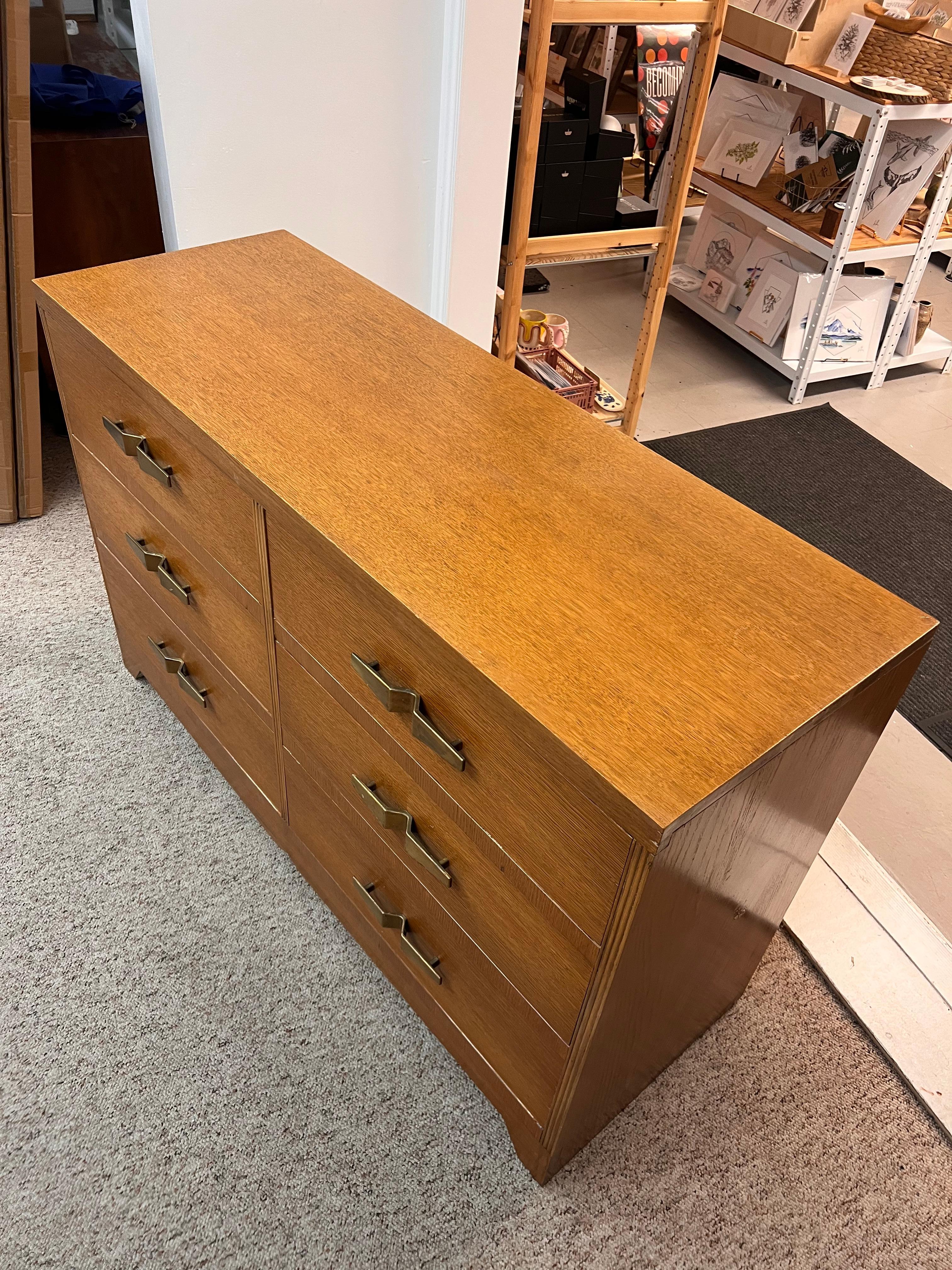 Wood Vintage Art Deco 6 Drawer Dresser with Mid Century Design Elements For Sale