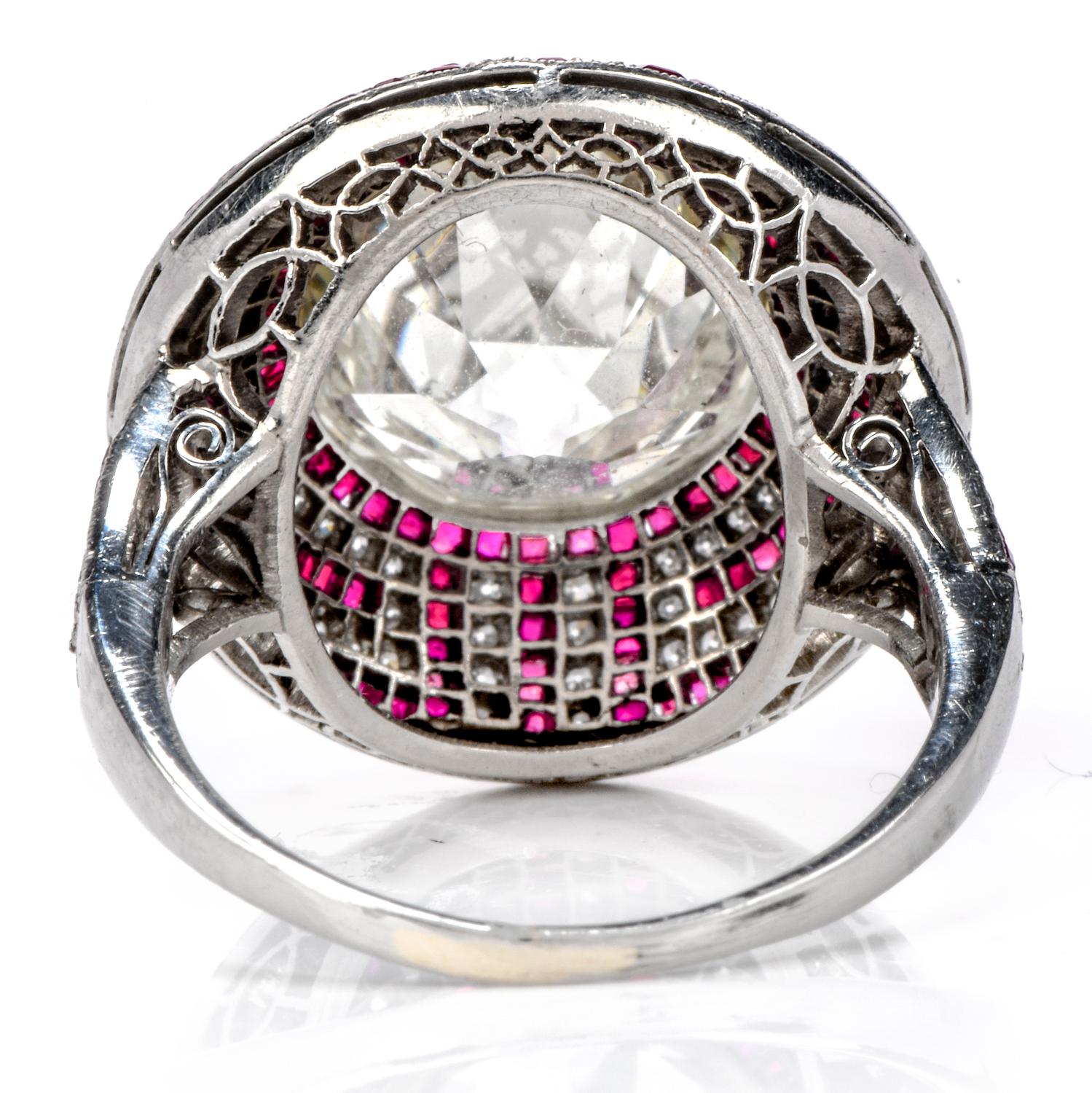 Women's Vintage Art Deco 6.05 Carat Old European Cut Diamond Ruby Platinum Ring
