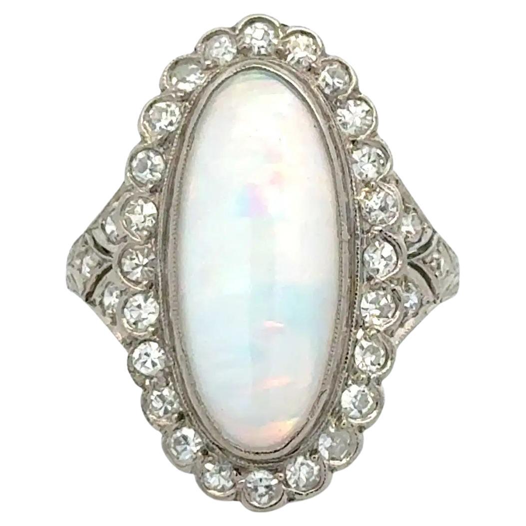 Vintage Art Deco 6.50 Carat Australian Opal and Diamond Platinum Cocktail Ring For Sale
