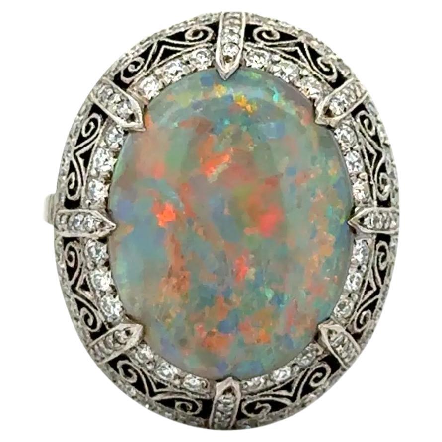 Vintage Art Deco 6.86 Carat Dark Grey Opal and Diamond Platinum Cocktail Ring For Sale
