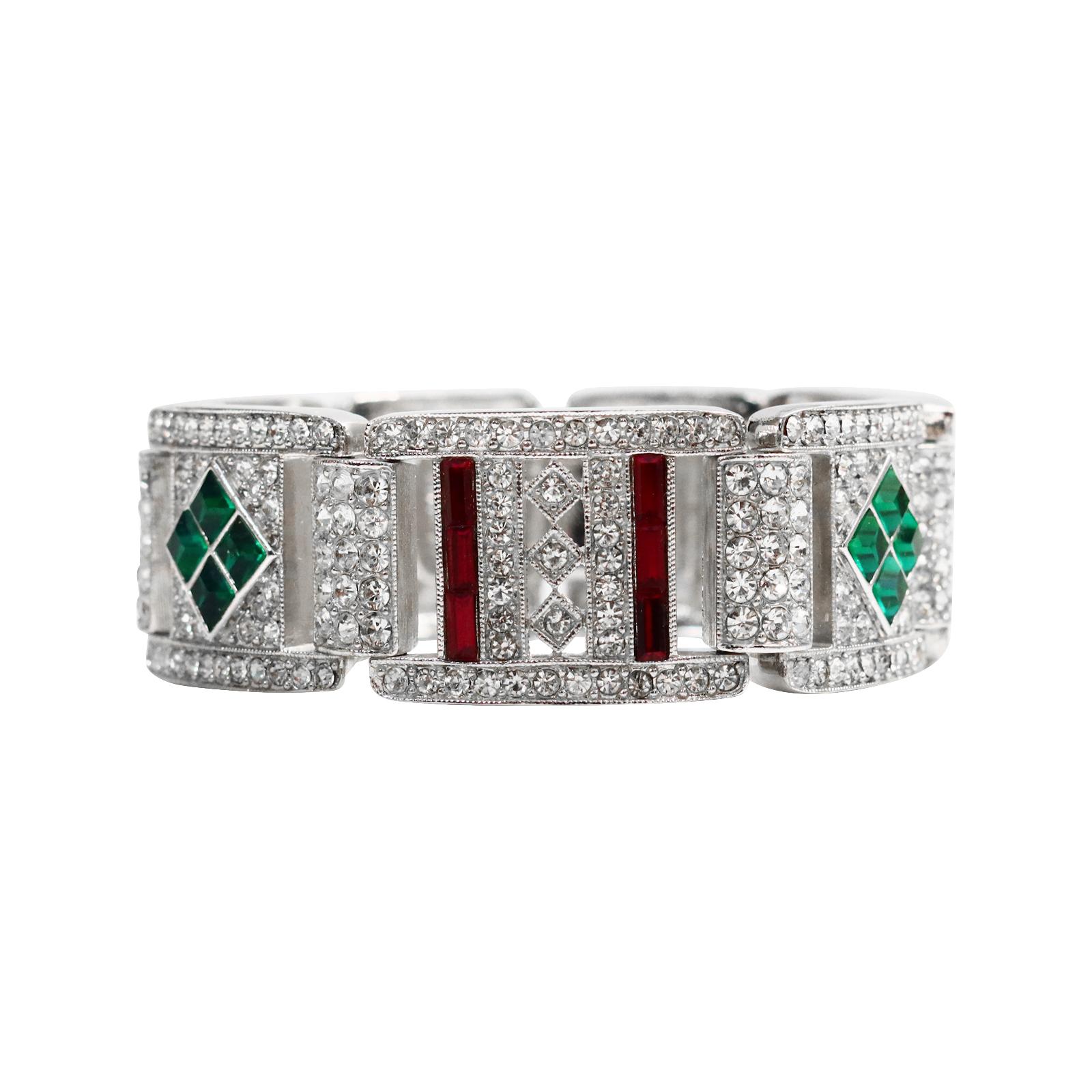Modern Vintage Art Deco 89 Faux Emerald, Ruby and Crystal Bracelet Circa 1980s For Sale