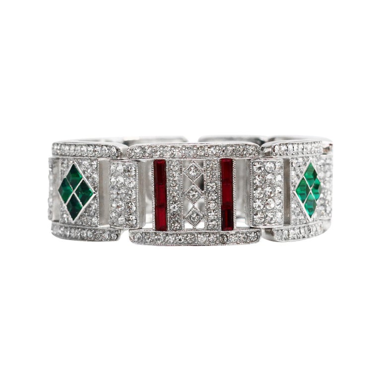 Vintage Art Deco 89 Faux Emerald, Ruby and Crystal Bracelet, Circa 1980s For Sale 1