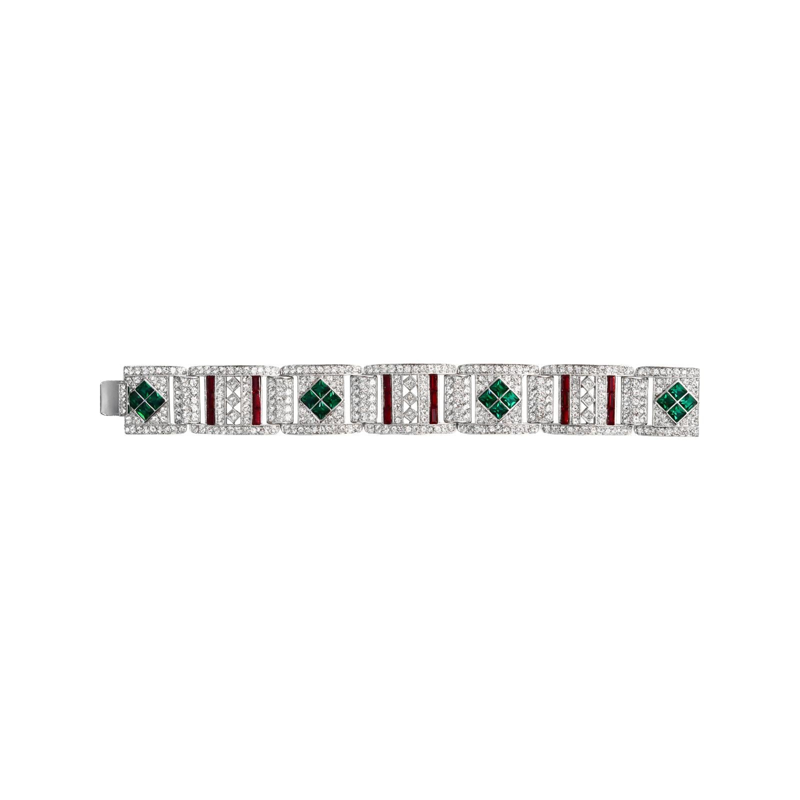 Vintage Art Deco 89 Faux Emerald, Ruby and Crystal Bracelet Circa 1980s In Good Condition For Sale In New York, NY