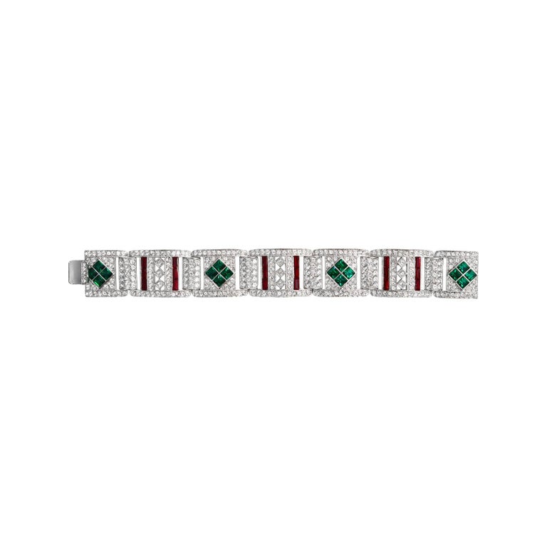 Vintage Art Deco 89 Faux Emerald, Ruby and Crystal Bracelet, Circa 1980s For Sale 2